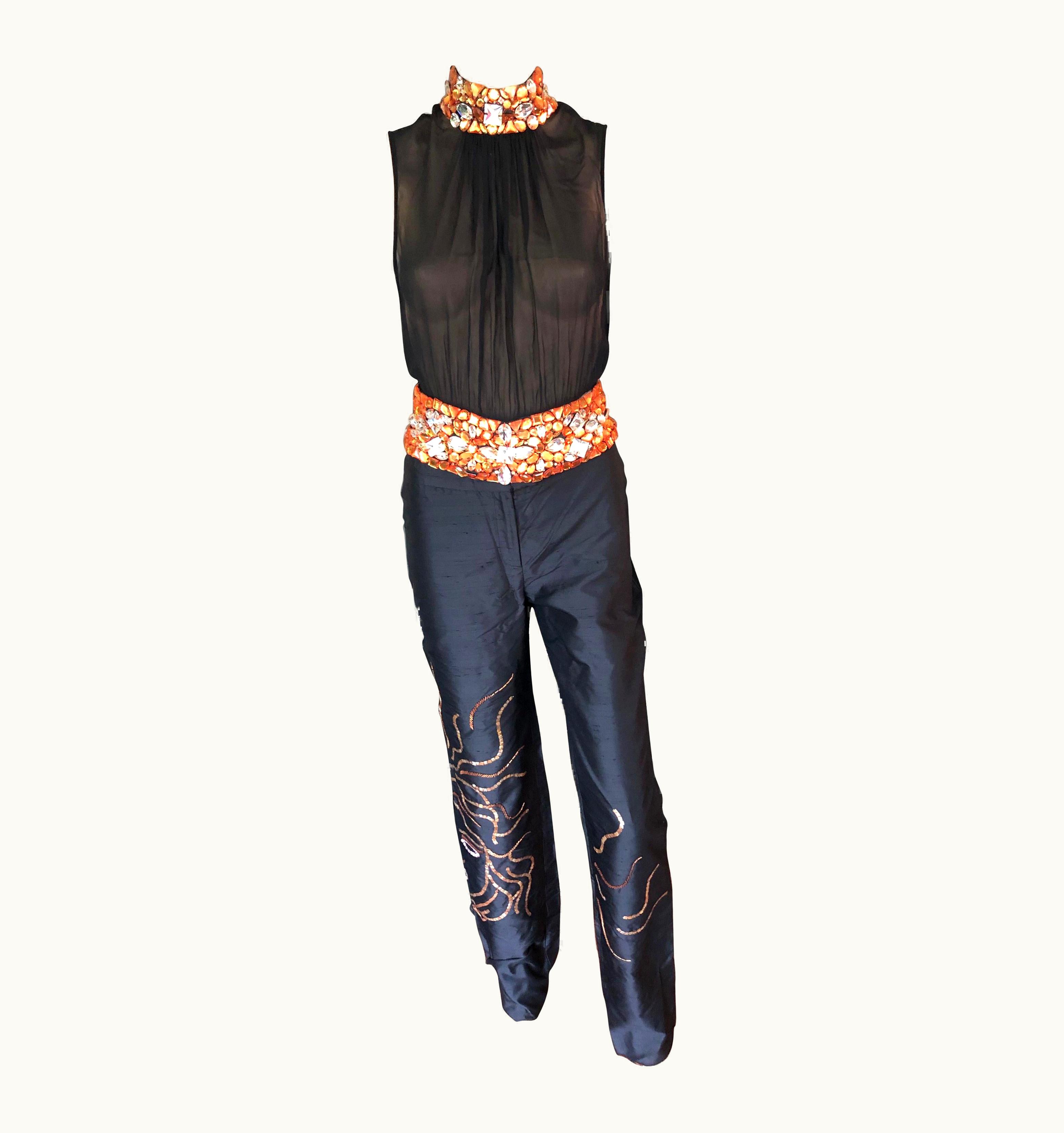 Gianni Versace Couture Gianni Versace Couture S/S 2000 Runway Embellished Sheer Top & Pants 2 Piece Set