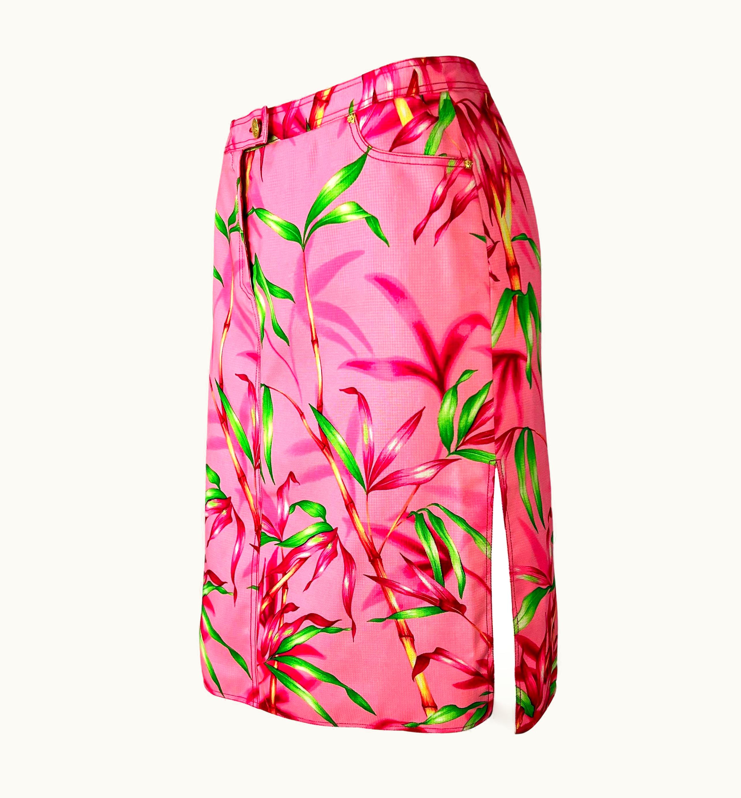 Gianni Versace Couture S/S 2000 Gianni Versace By Donatella Neon Pink Bamboo Jungle Print Medusa Skirt