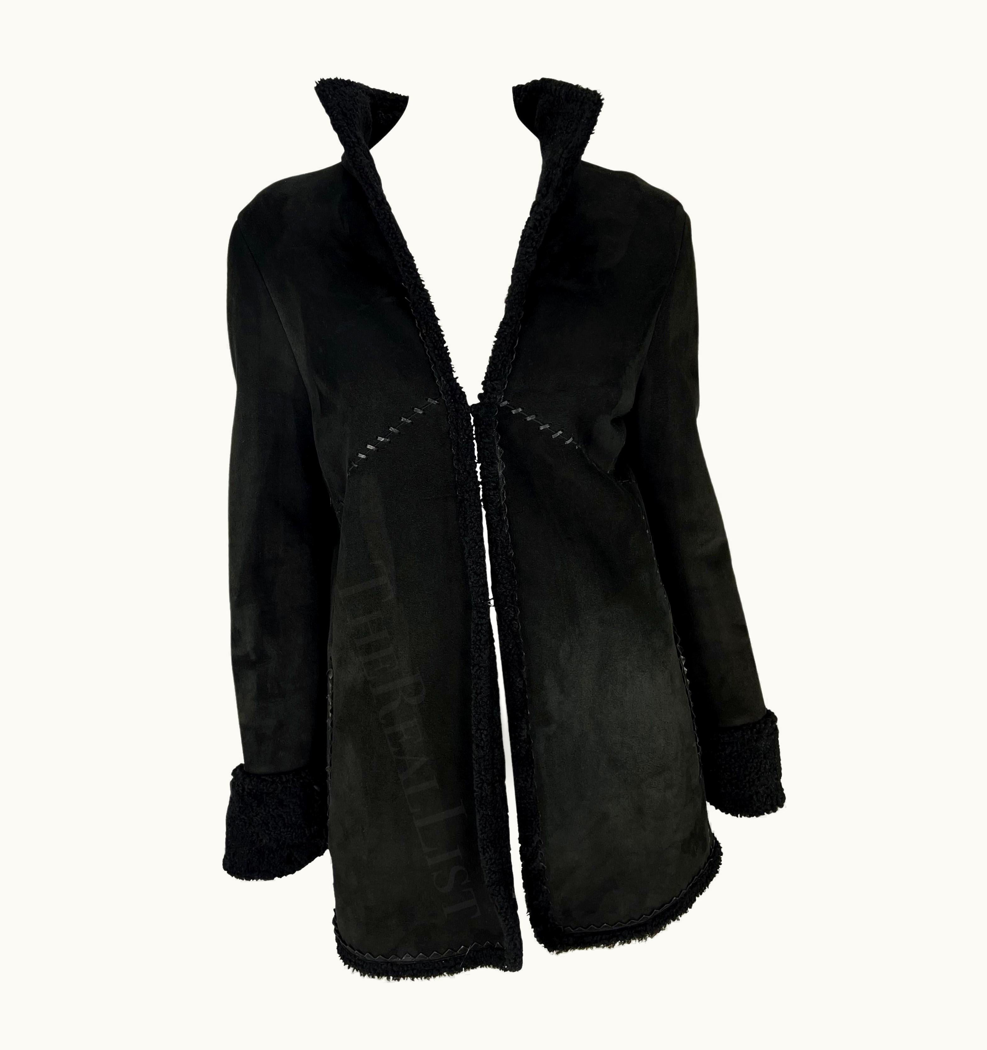 Gianni Versace Couture AW 2002 Gianni Versace By Donatella Black Shearling Woven Leather Jacket