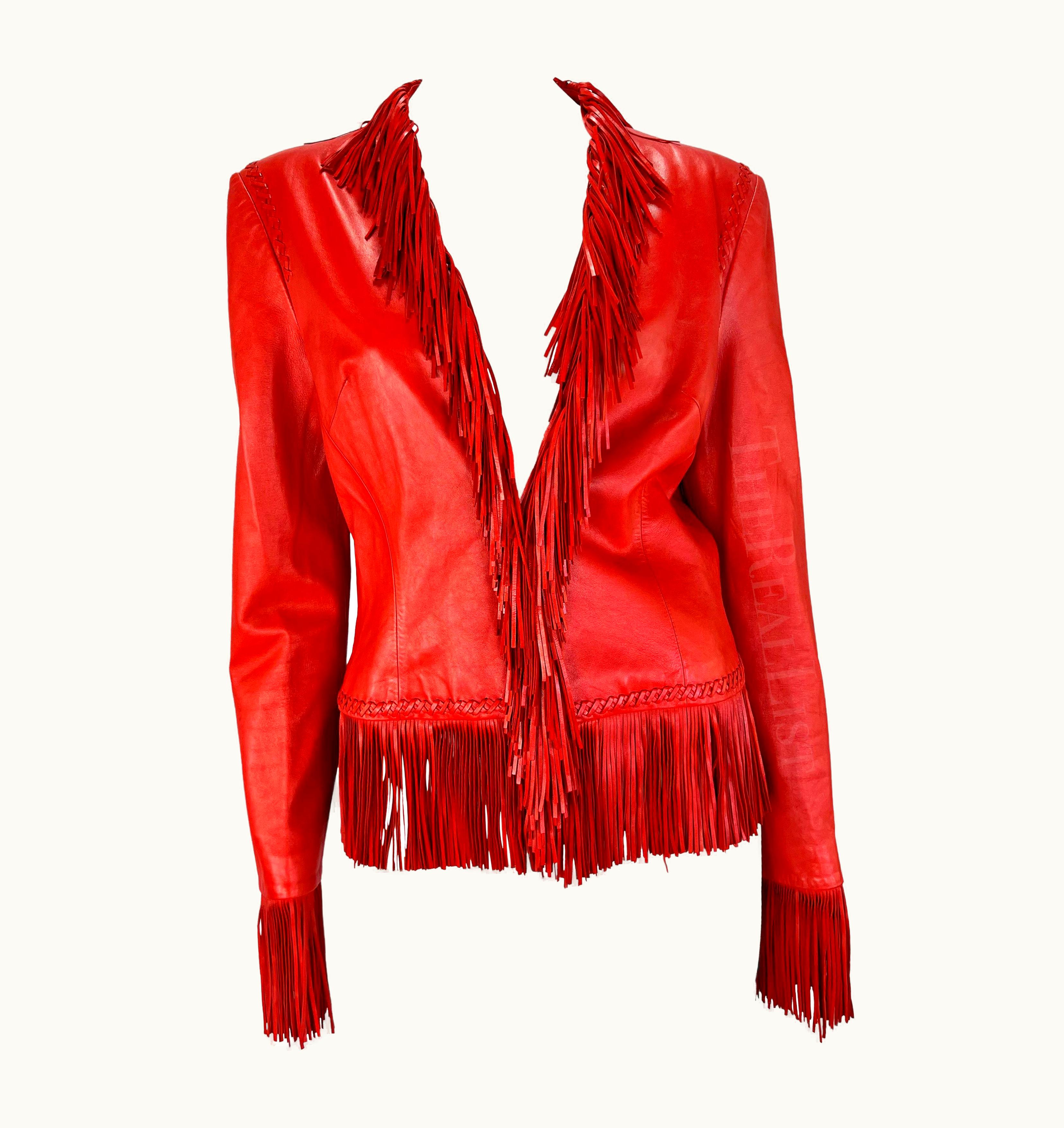 Gianni Versace Couture S/S 2002 Gianni Versace By Donatella Red Fringe Leather Jacket