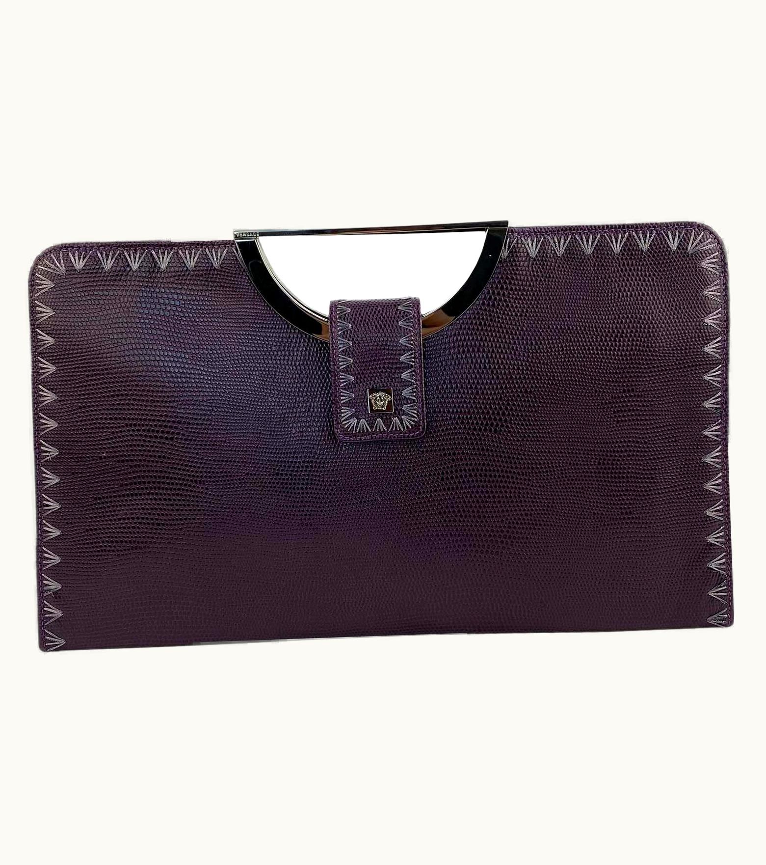 Gianni Versace Couture 2000s Gianni Versace By Donatella Embroidered Lizard Medusa Clutch Strap Y2k