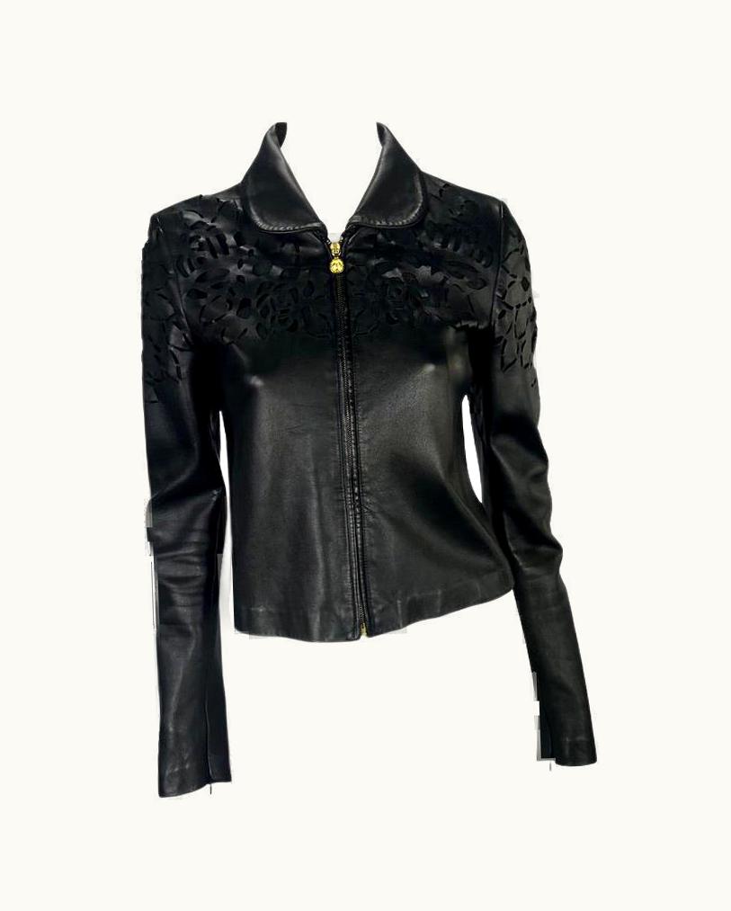 Gianni Versace Couture Early 2000s Gianni Versace By Donatella Floral Cutout Medusa Leather Jacket
