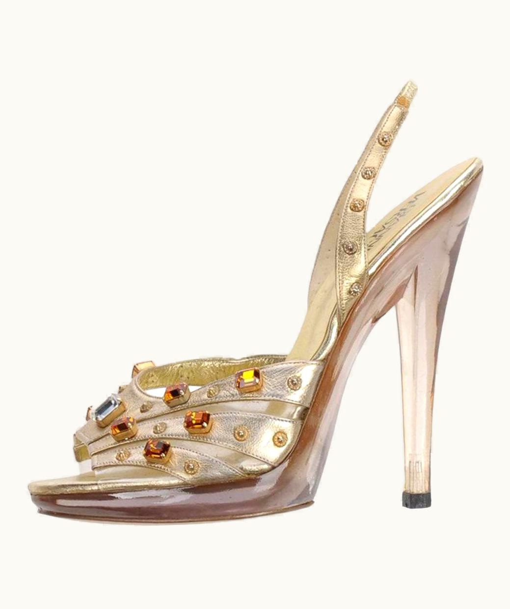 Gianni Versace Couture Gianni Versace Crystal Embellished Gold Leather Plexiglass Platform Shoes 37 Nwt