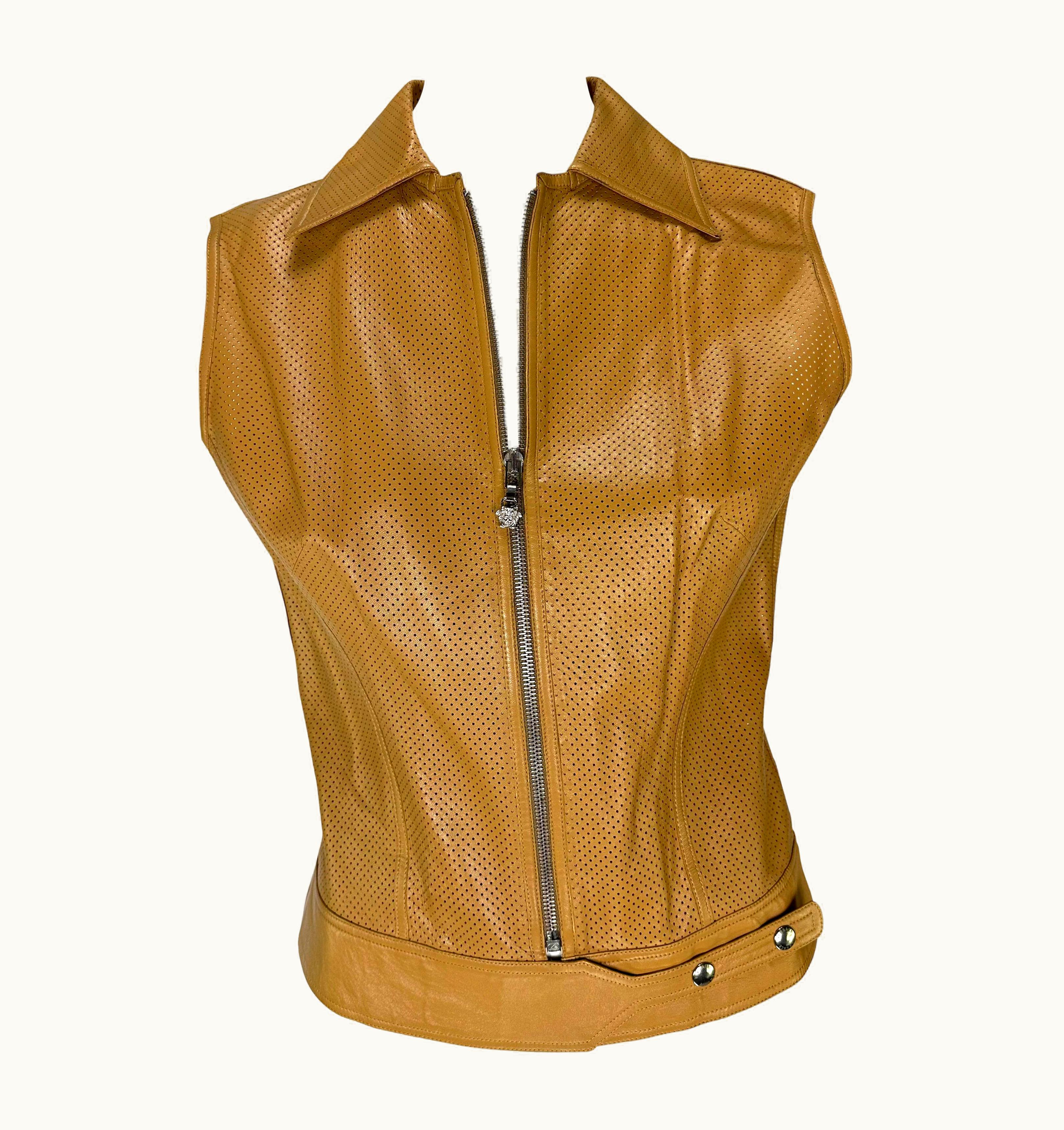 Gianni Versace Couture Early 2000s Gianni Versace By Donatella Perforated Leather Medusa Zip Vest Top