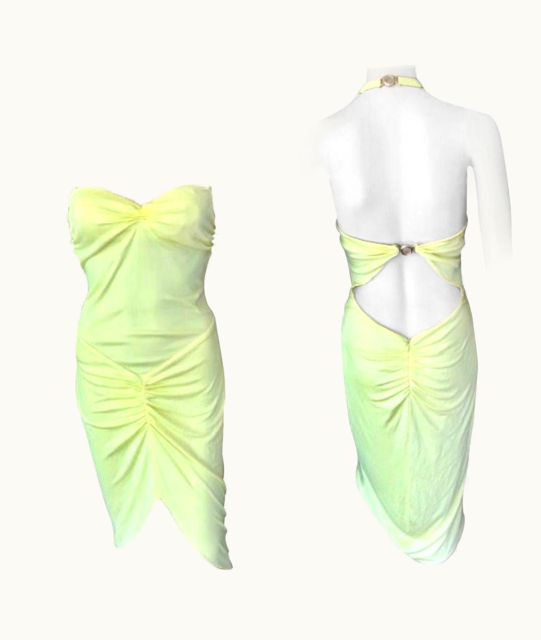 Versace Versace S/S 2005 Runway Medusa Halter Bustier Open Back Yellow Dress
