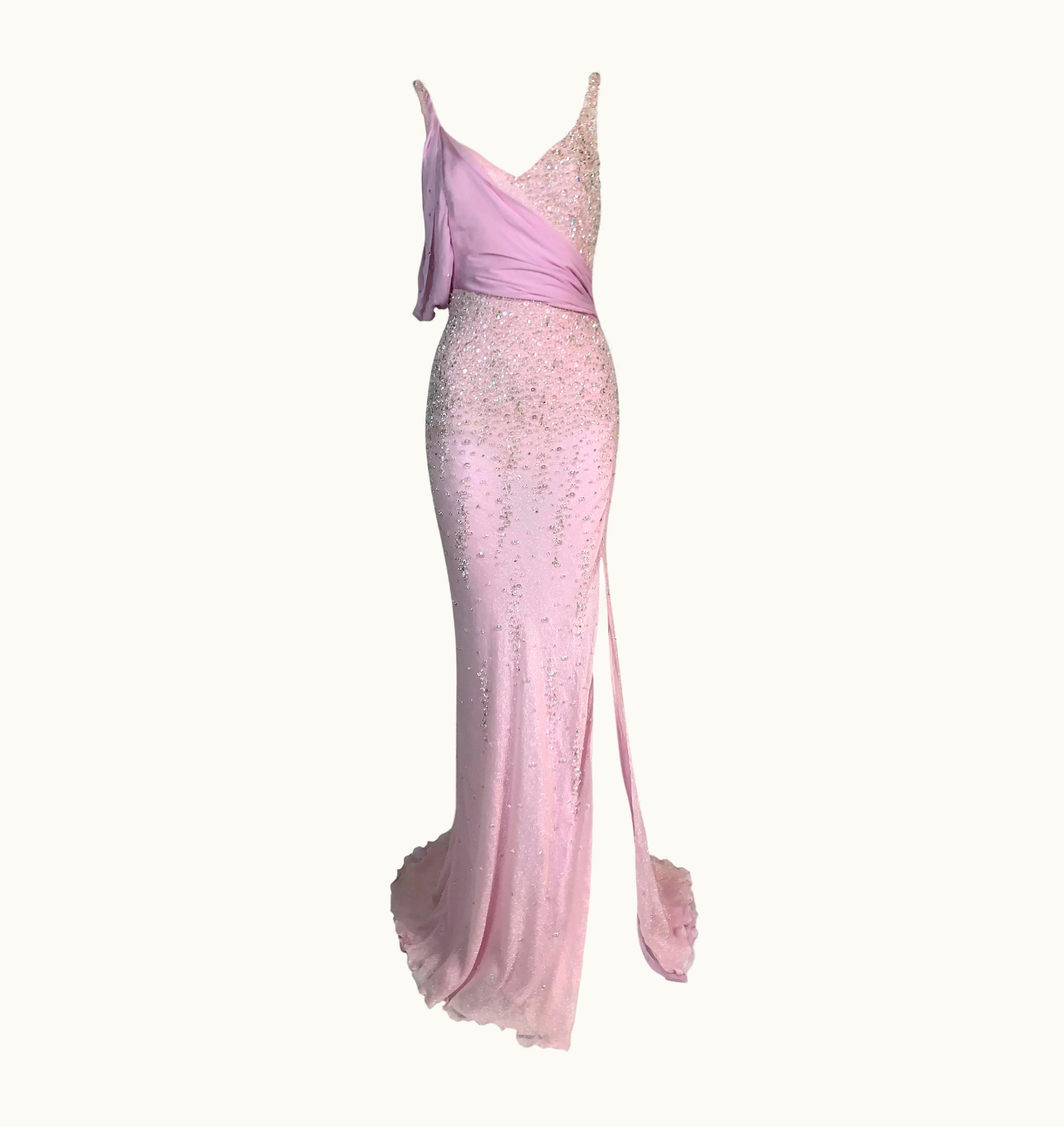 Versace S/S 2005 Atelier Versace Runway Pink Silk Beaded High Slit Gown Dress