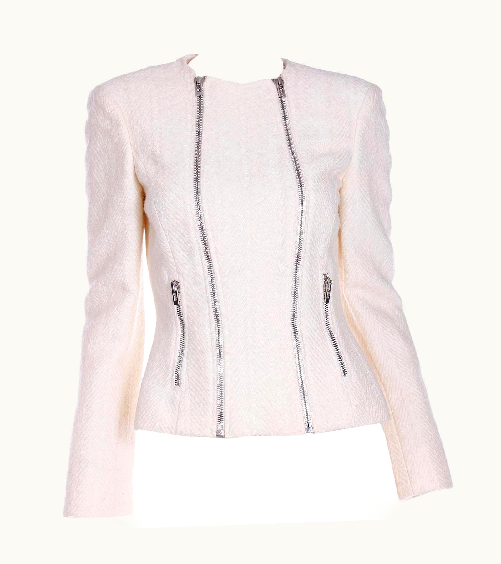 Gianni Versace Couture Early 2000s Gianni Versace Ivory Boucle Wool Double Zip Front Jacket