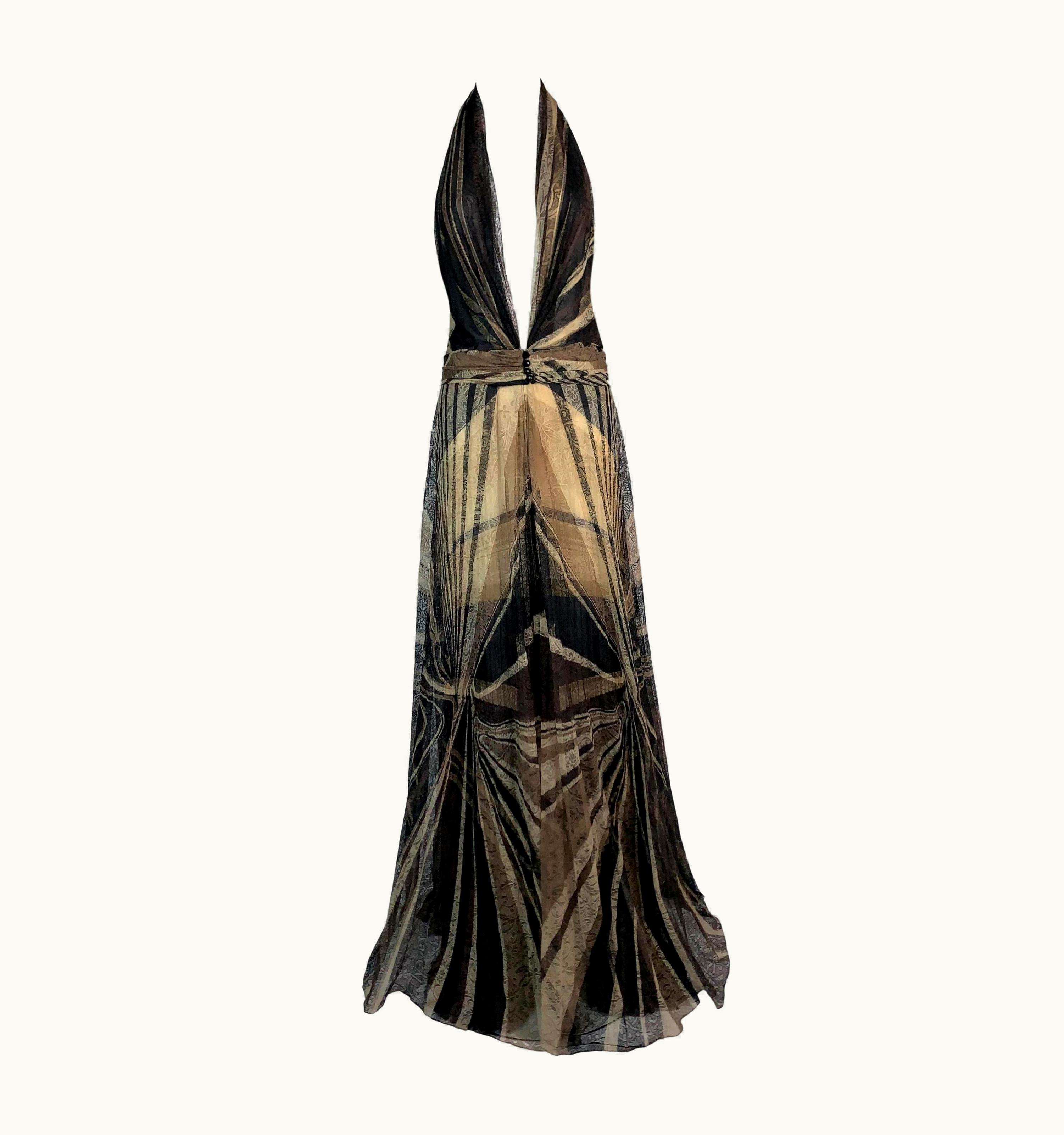 Gianni Versace Couture S/S 2001 Gianni Versace Runway Documented Plunging Brown Lace Gown Dress