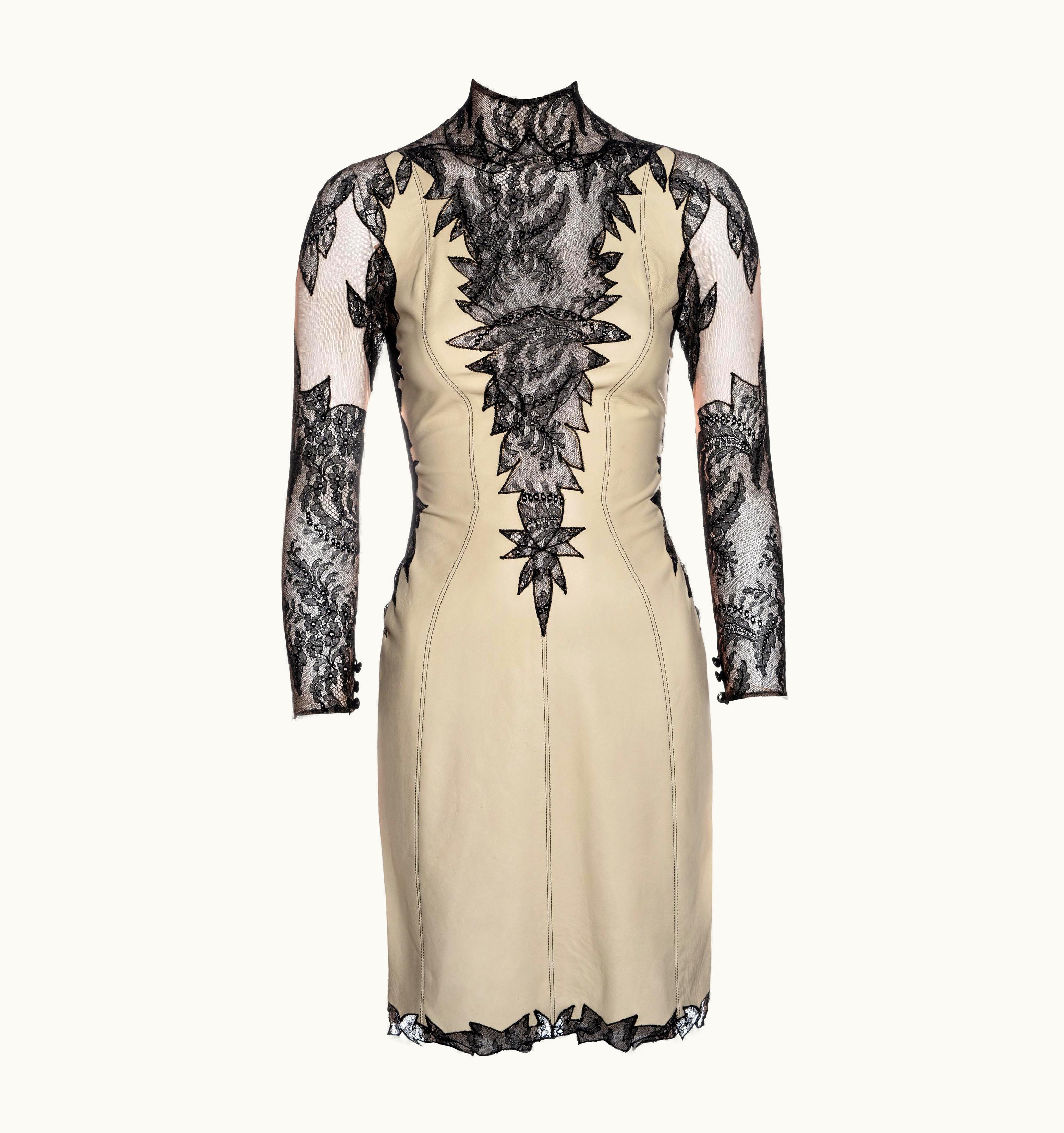 Gianni Versace Couture Gianni Versace Cream Leather And Black Lace Evening Dress, S/S 2002