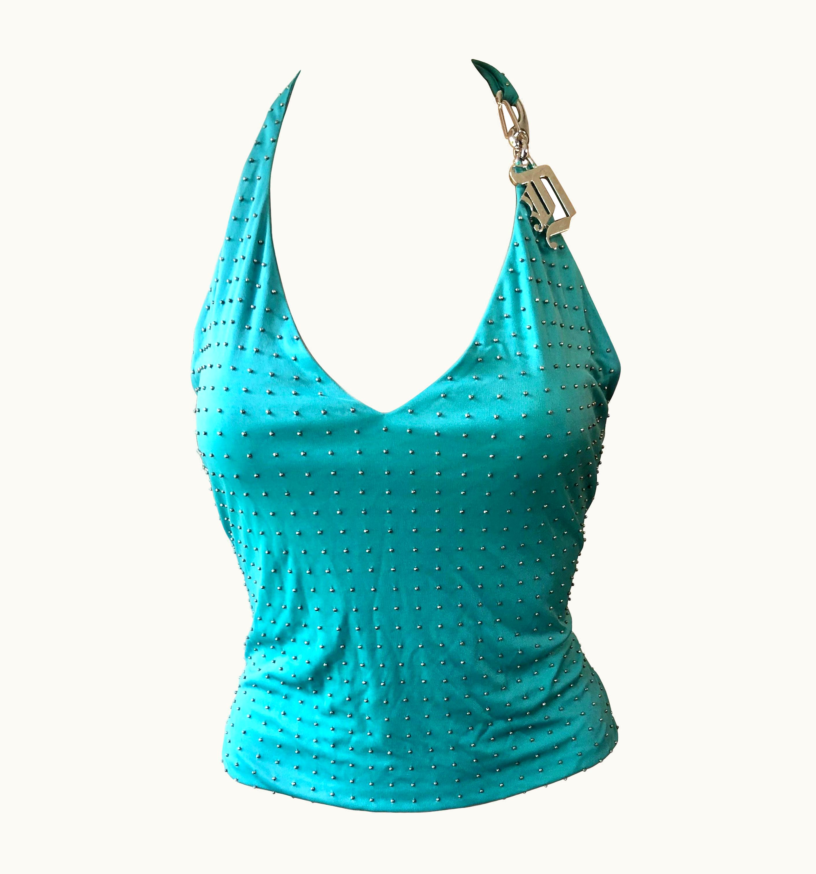 Gianni Versace Couture Gianni Versace S/S 2003 Runway Unworn Embellished Halter Backless Blue Top