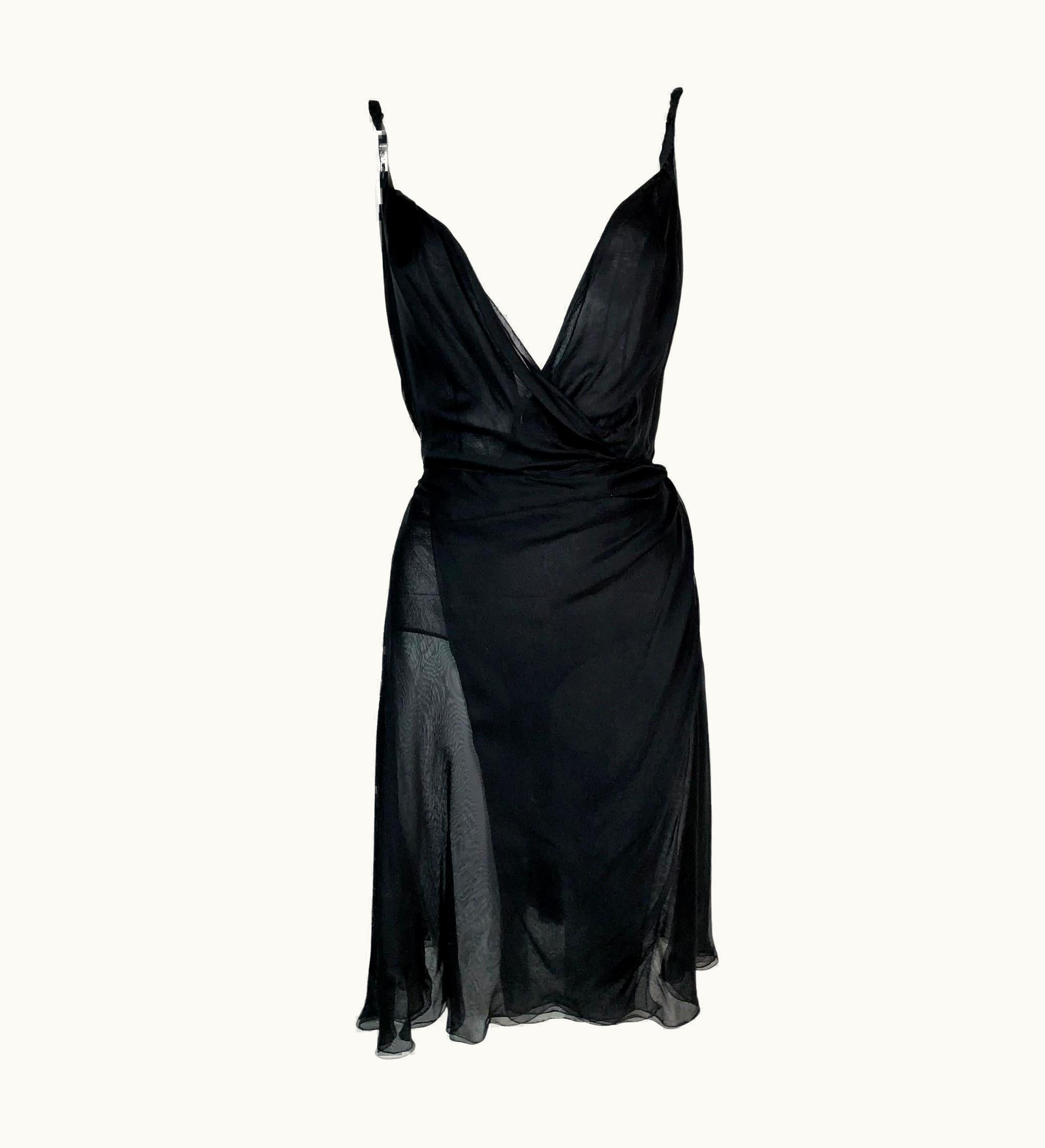 Gianni Versace Couture S/S 2001 Gianni Versace Plunging Sheer Black Wrap Bodysuit Mini Dress