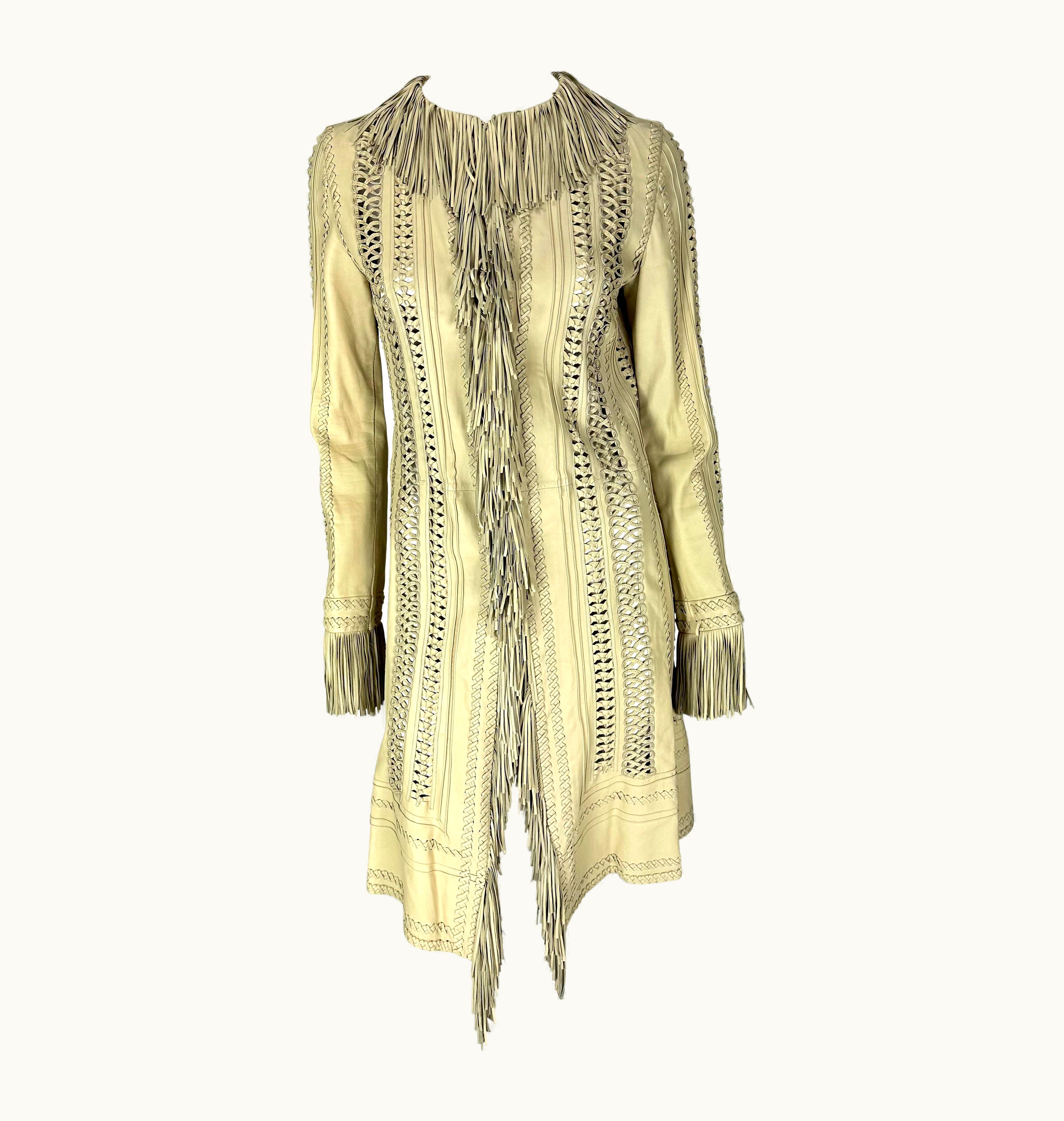 Gianni Versace Couture S/S 2002 Gianni Versace By Donatella Runway Fringe Panel Cream Leather Coat