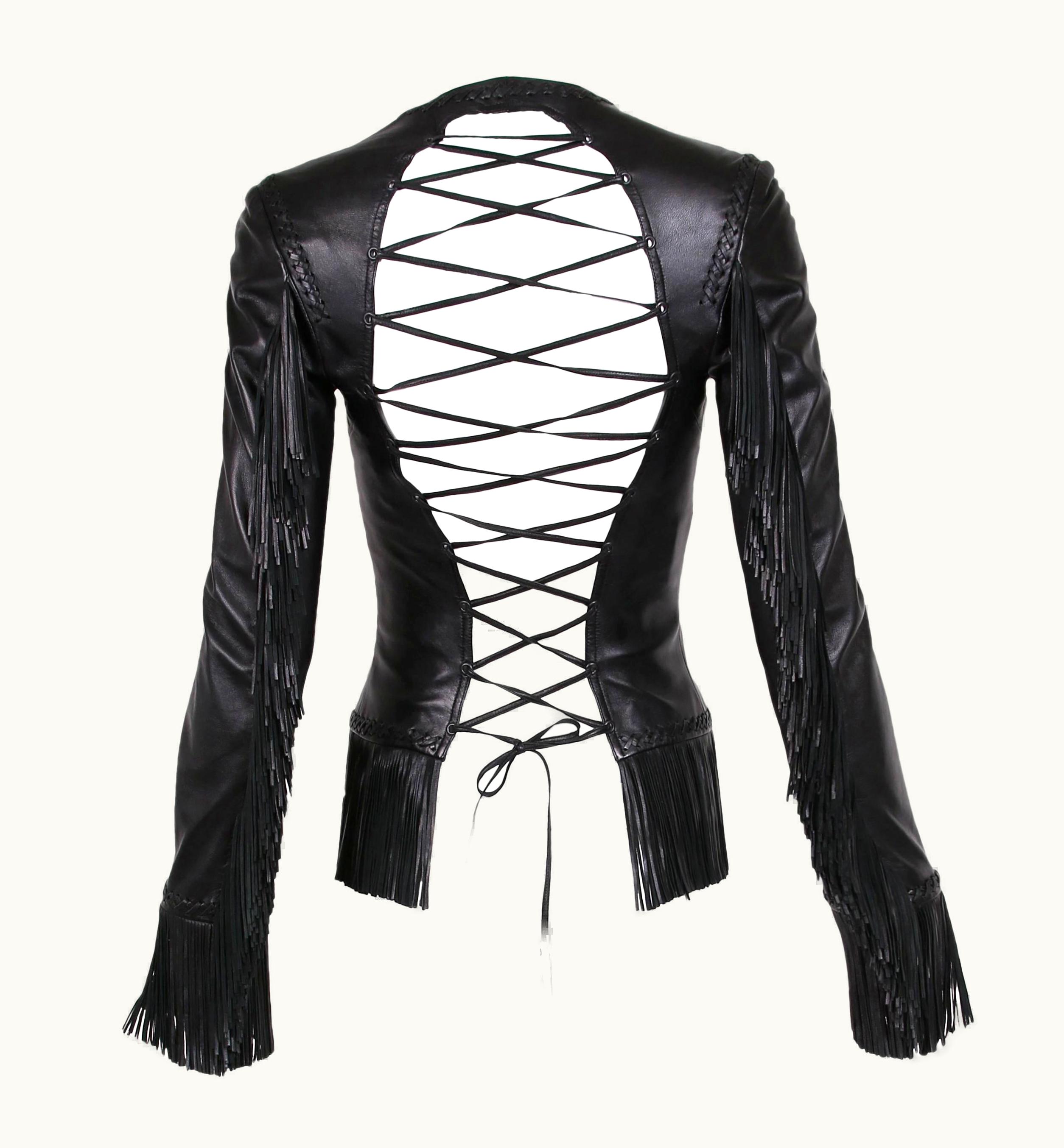 Versace Versace Spring Summer Black Leather Fringed Jacket With Lace Up Back  2002