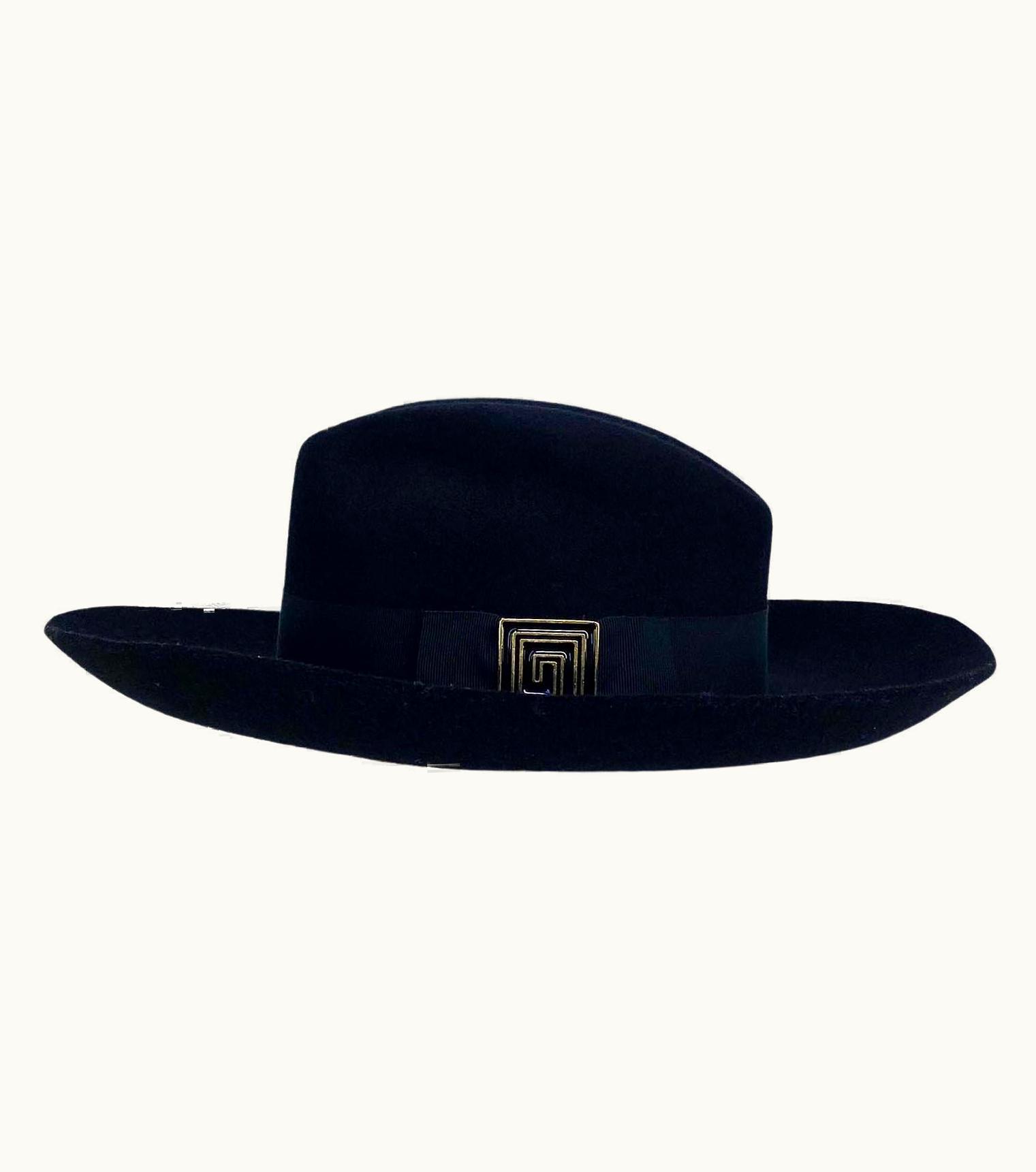 Gianni Versace Couture 2000s Gianni Versace By Donatella Greek Key Enamel Buckle Wool Wide Brim Hat