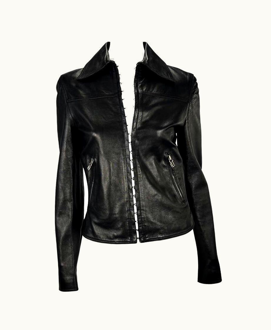 Gianni Versace Couture S/S 2002 Gianni Versace By Donatella Hook Eye Zip Black Leather Jacket