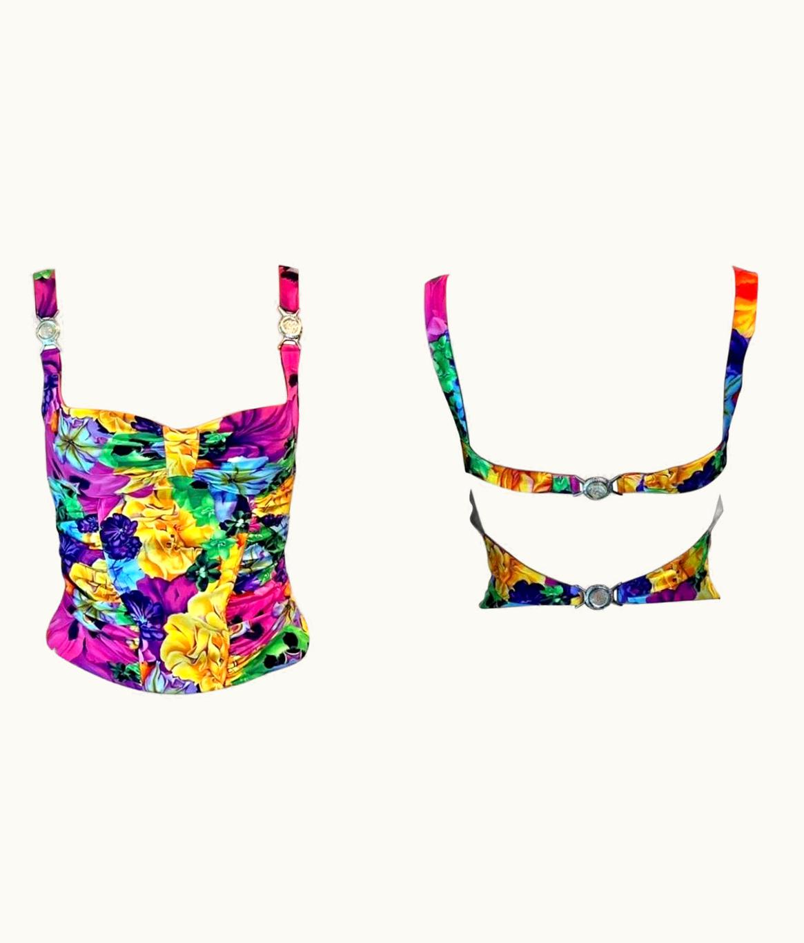Versace Versace S/S 2005 Embellished Logo Buckles Floral Print Cutout Back Crop Top