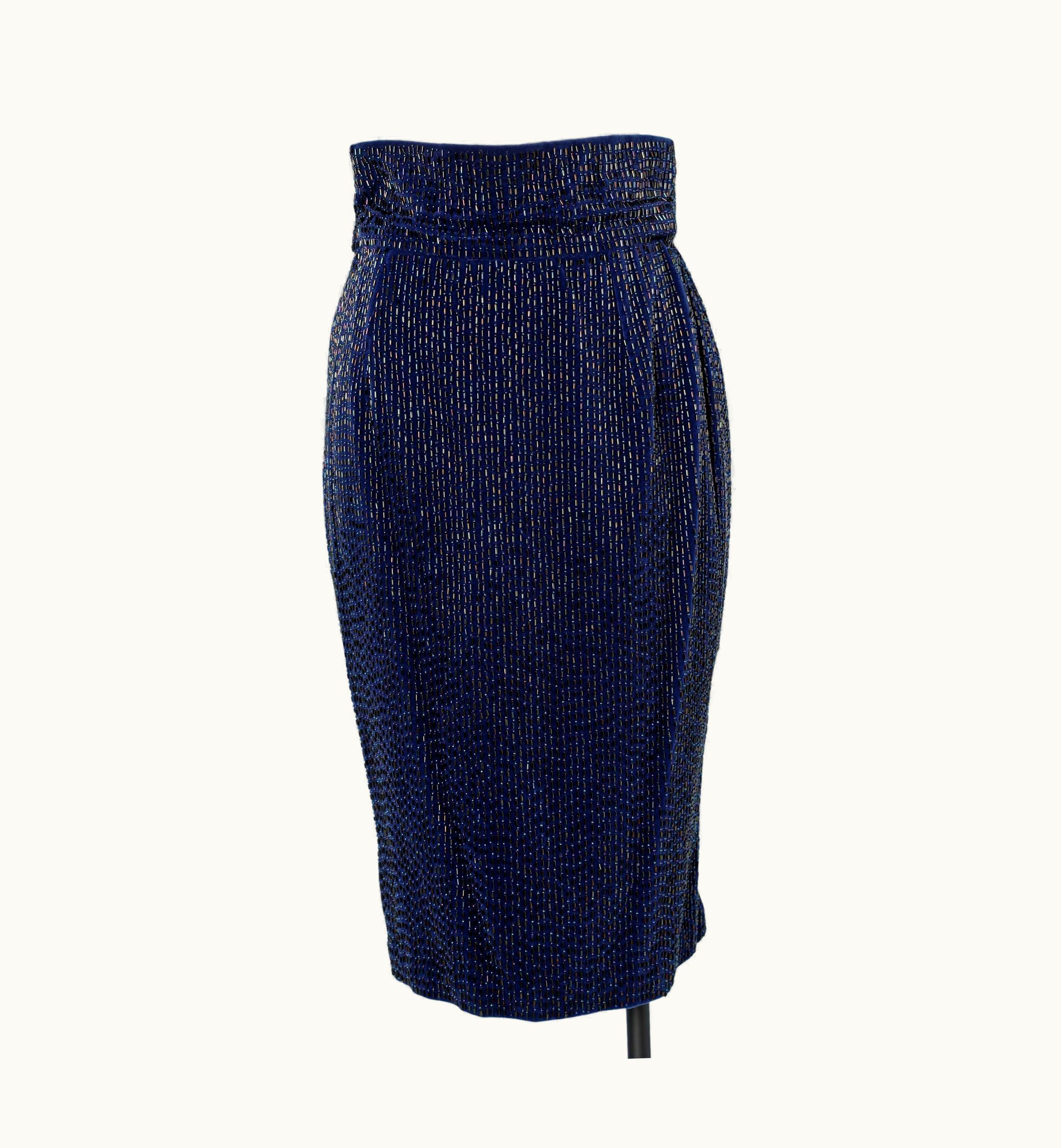Gianni Versace Couture Night Blue Fully Beaded Pencil Skirt On Velvet Base Gianni Versace