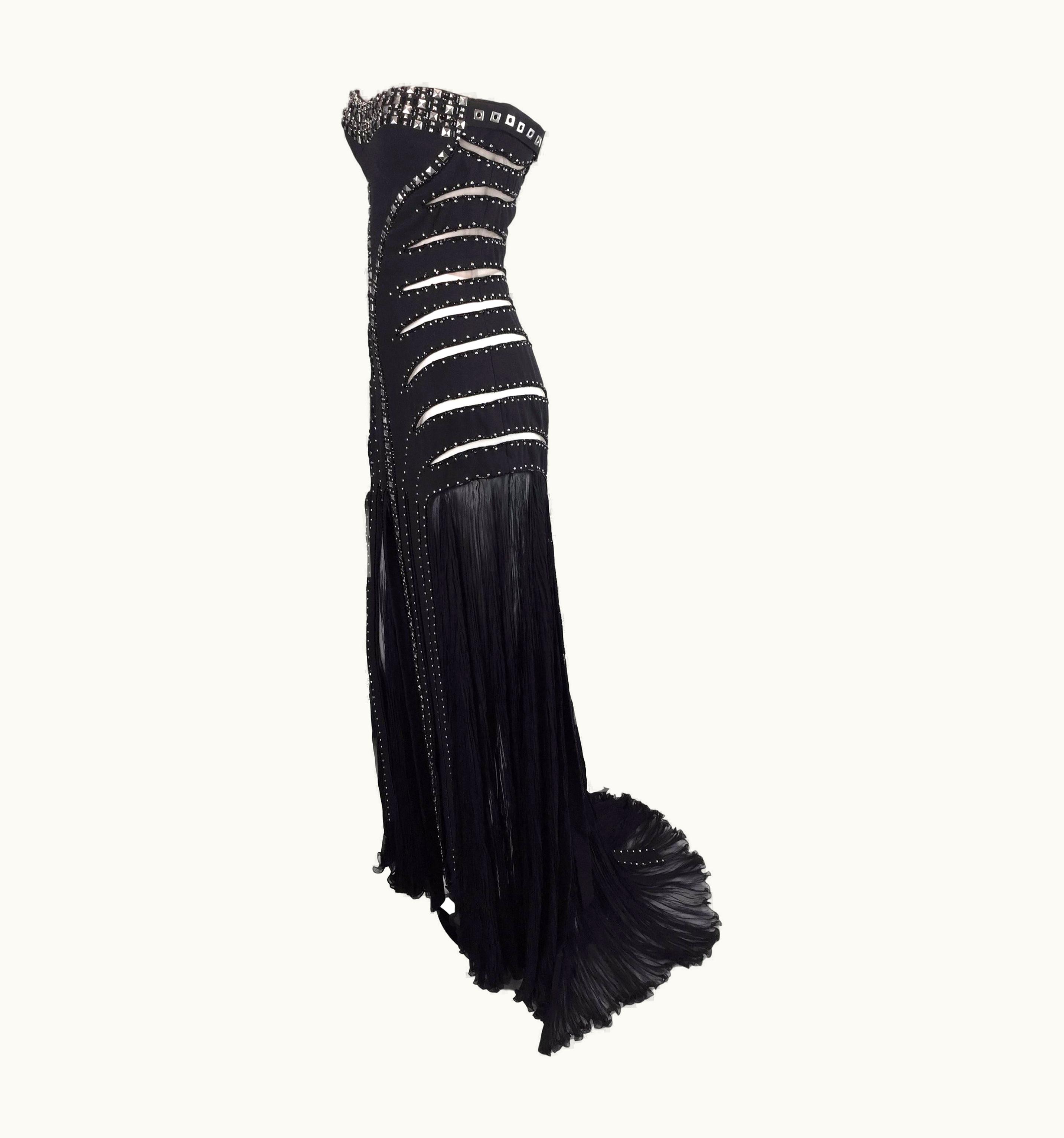 Versace AW 2004 Runway Atelier Versace Black Sheer Mesh Cut Out Studs Beaded Gown Dress