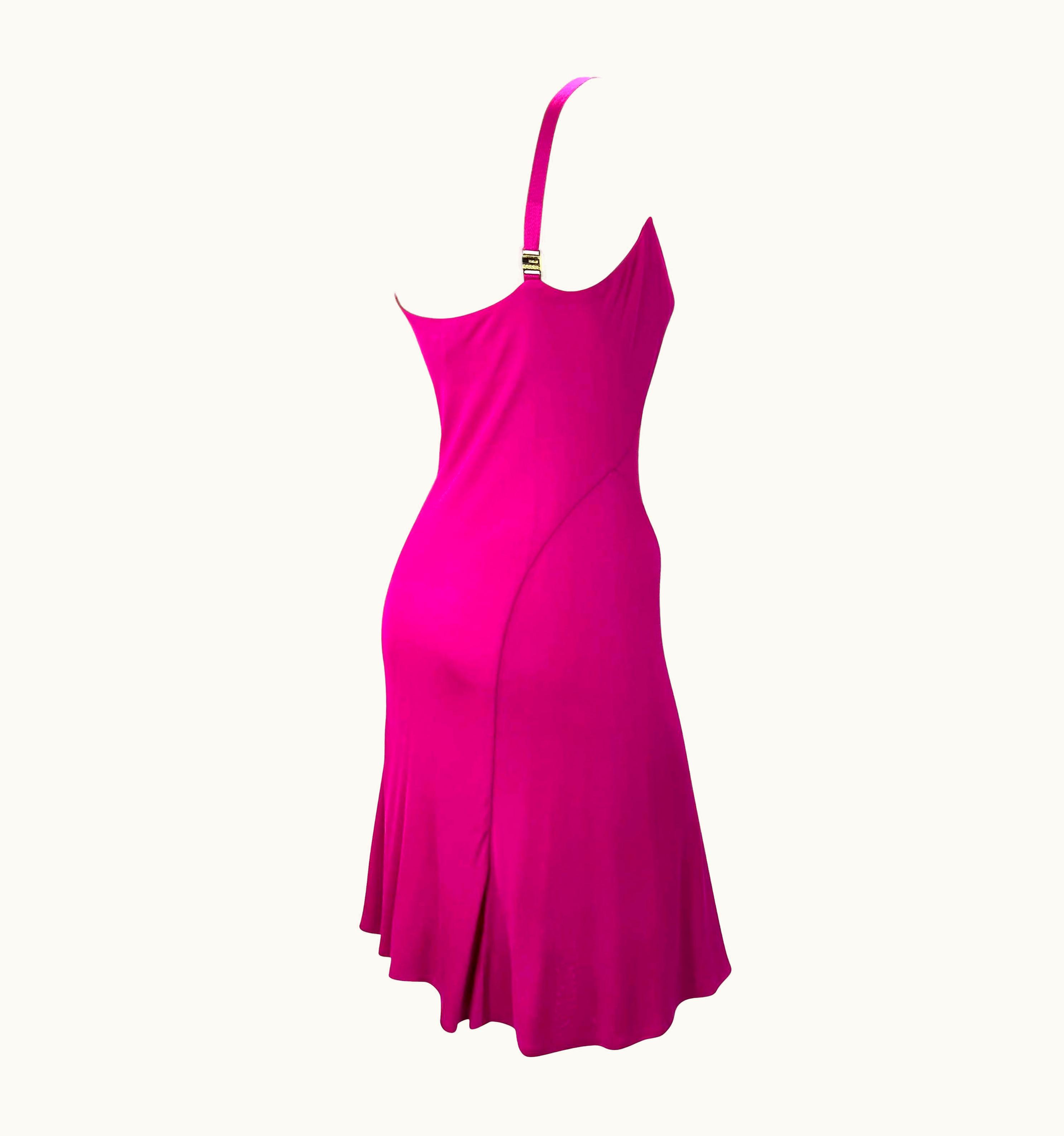 Gianni Versace Couture 2000s Gianni Versace By Donatella Fuchsia Viscose Stretch Tank Logo Buckle Dress