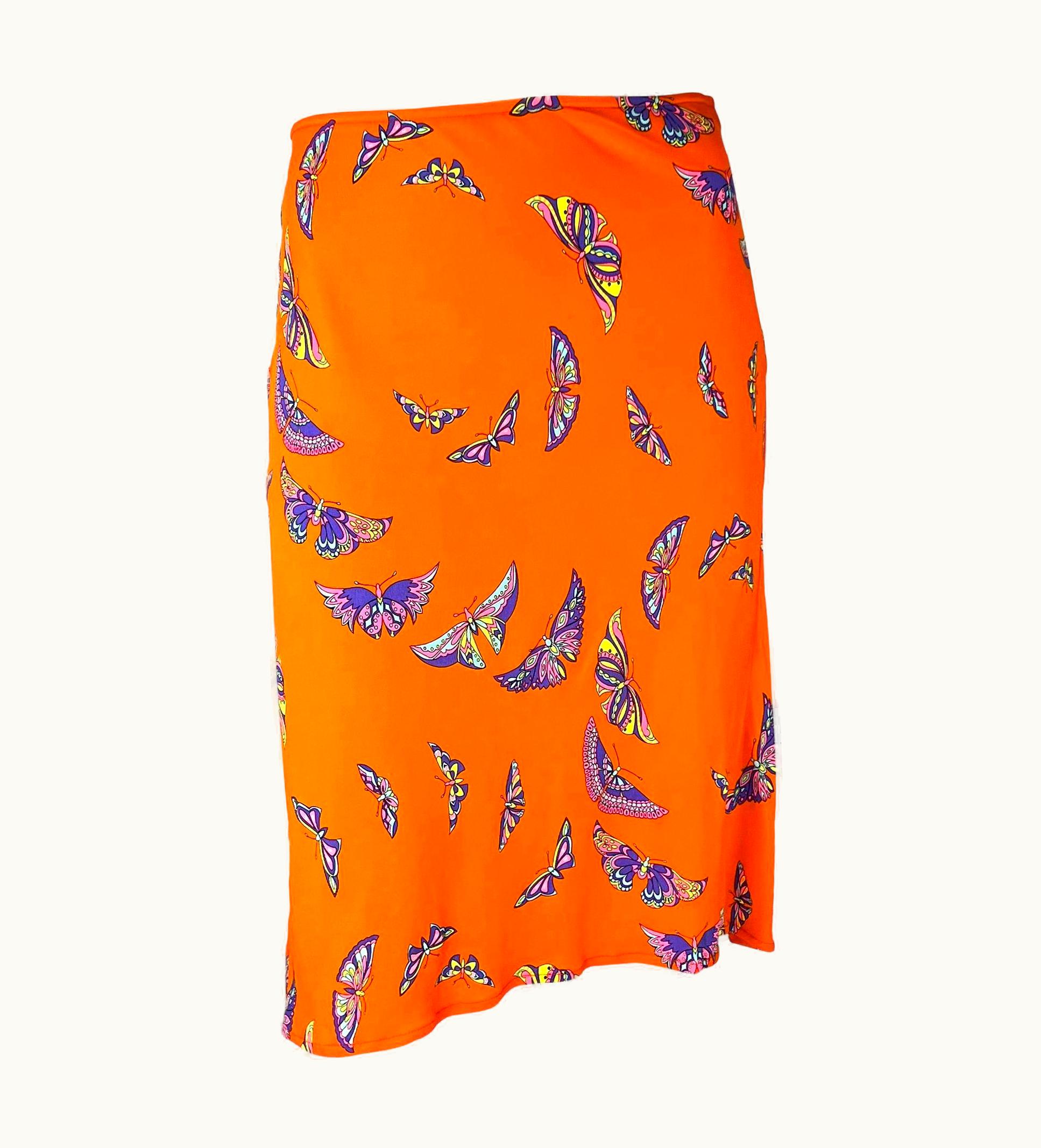 Gianni Versace Couture Late 1990s Gianni Versace By Donatella Neon Orange Butterfly Print Viscose Skirt