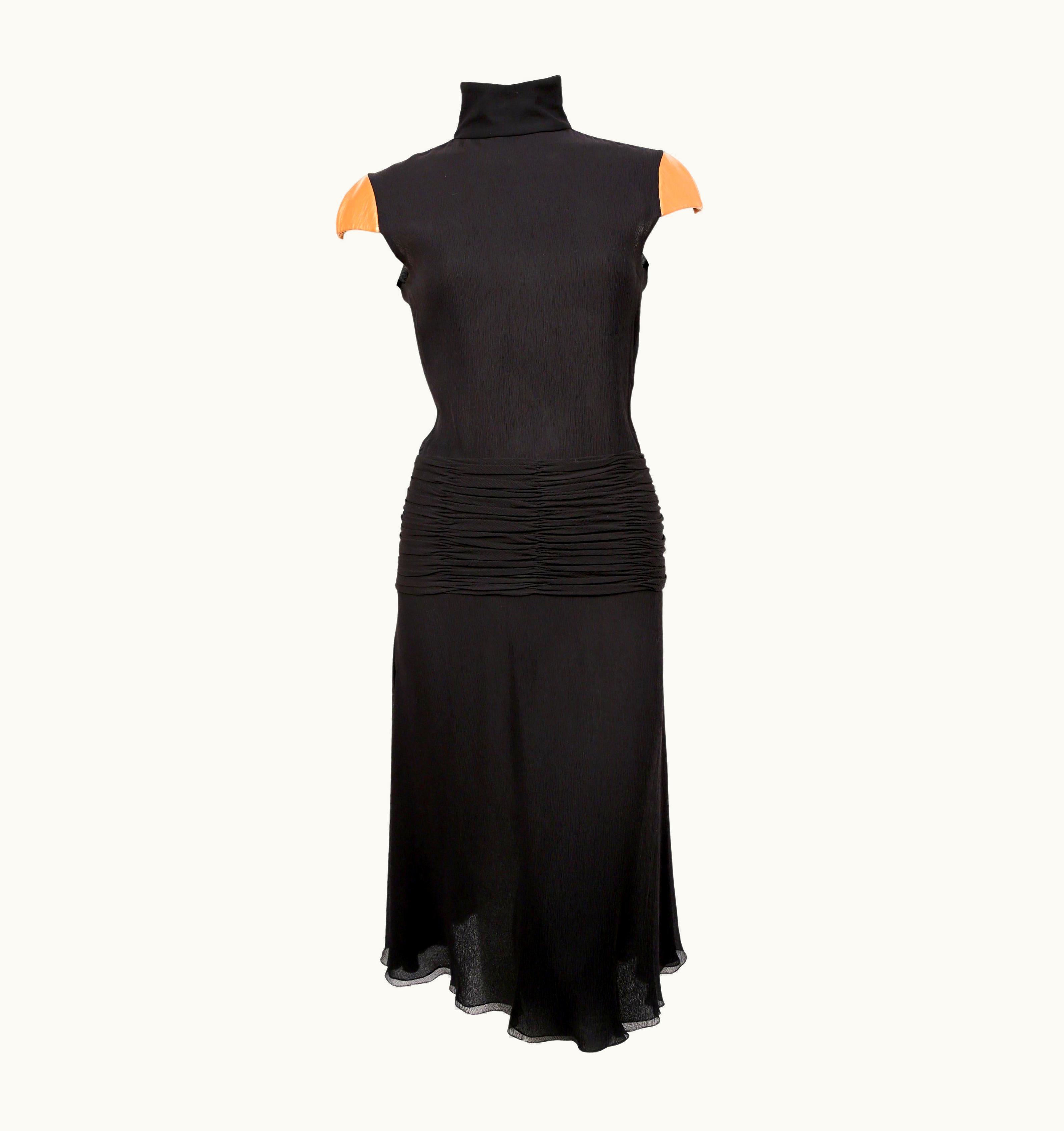 Gianni Versace Couture 2001 Gianni Versace Couture Black Crepe Runway Dress With Leather Cap Sleeves