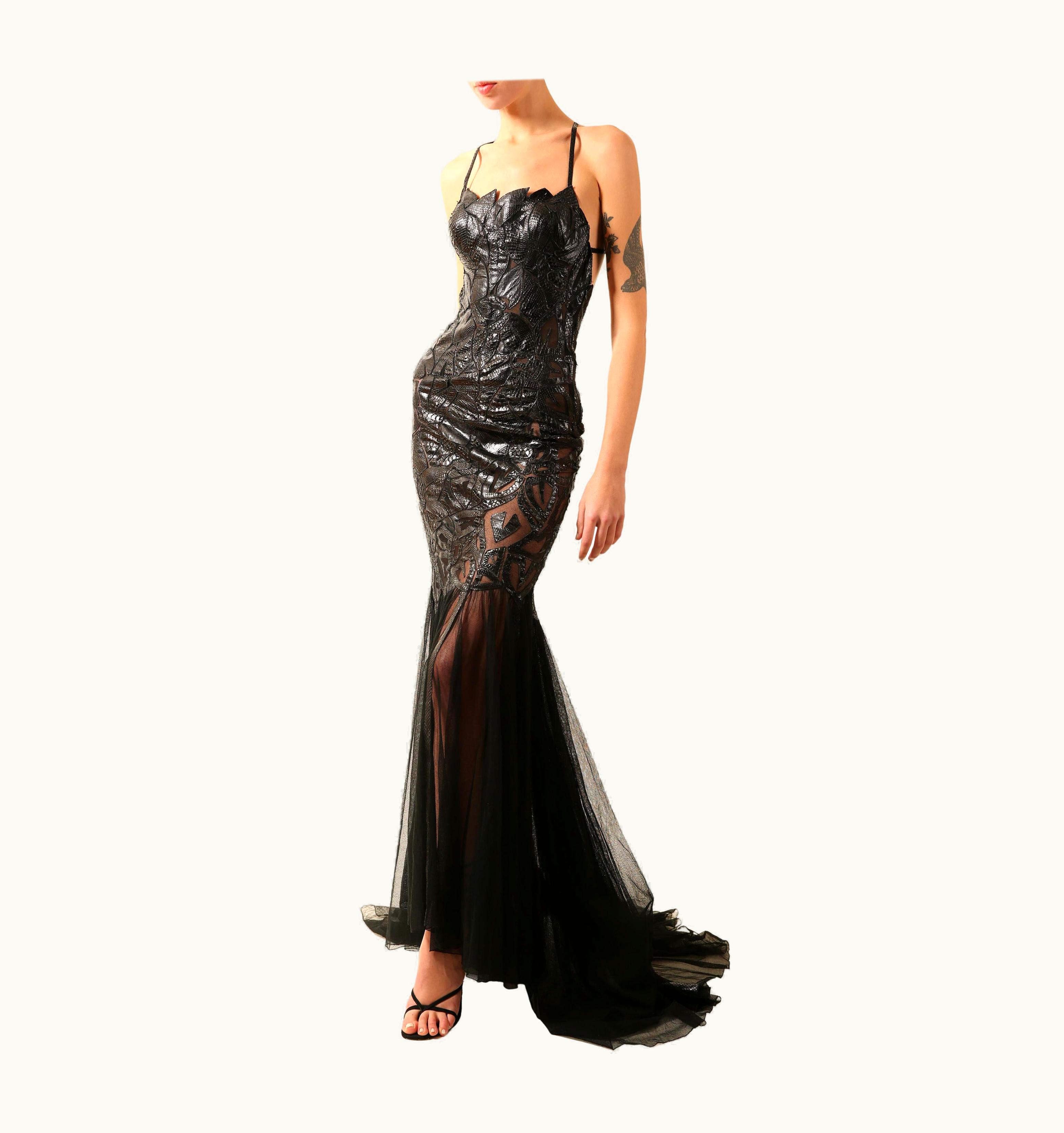Versace Atelier Versace Black Python Sheer Mesh Cut Out Backless Fitted Maxi Dress Gown