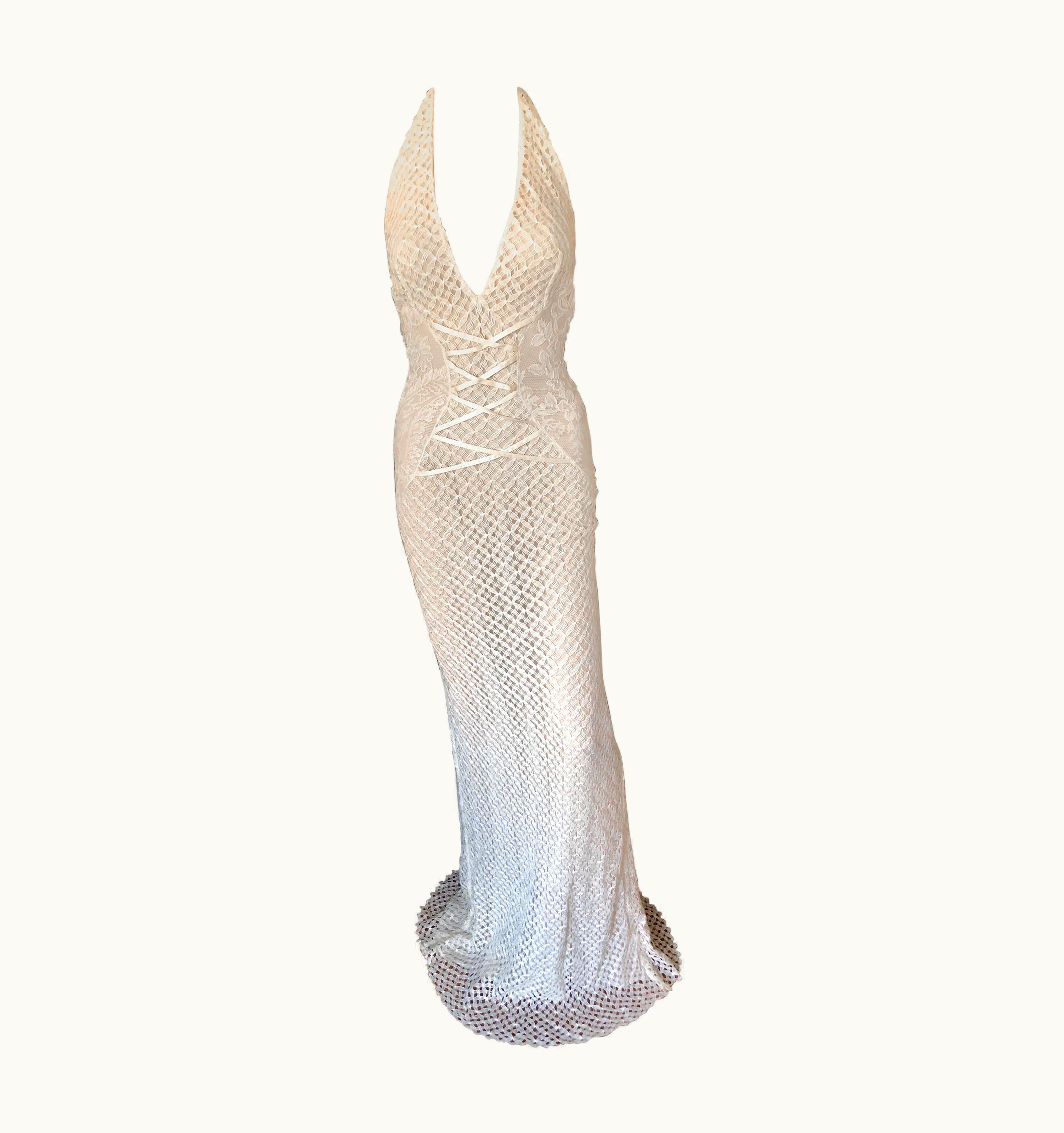 Gianni Versace Couture Nwt Gianni Versace S/S 2002 Plunging Backless Semi Sheer Lace Ivory Dress Gown