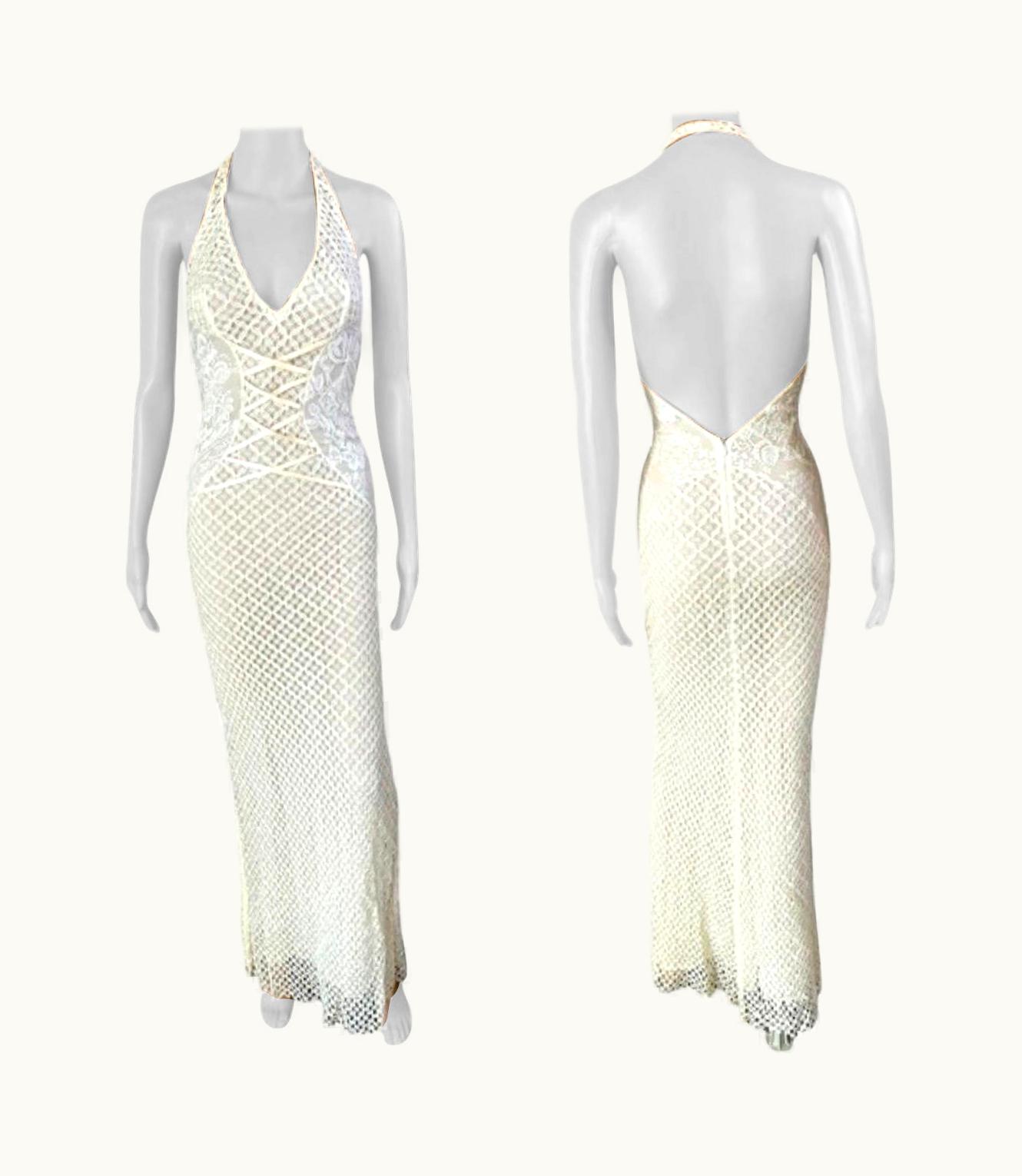 Gianni Versace Couture Gianni Versace S/S 2002 Plunging Backless Semi Sheer Lace Knit Ivory Dress Gown