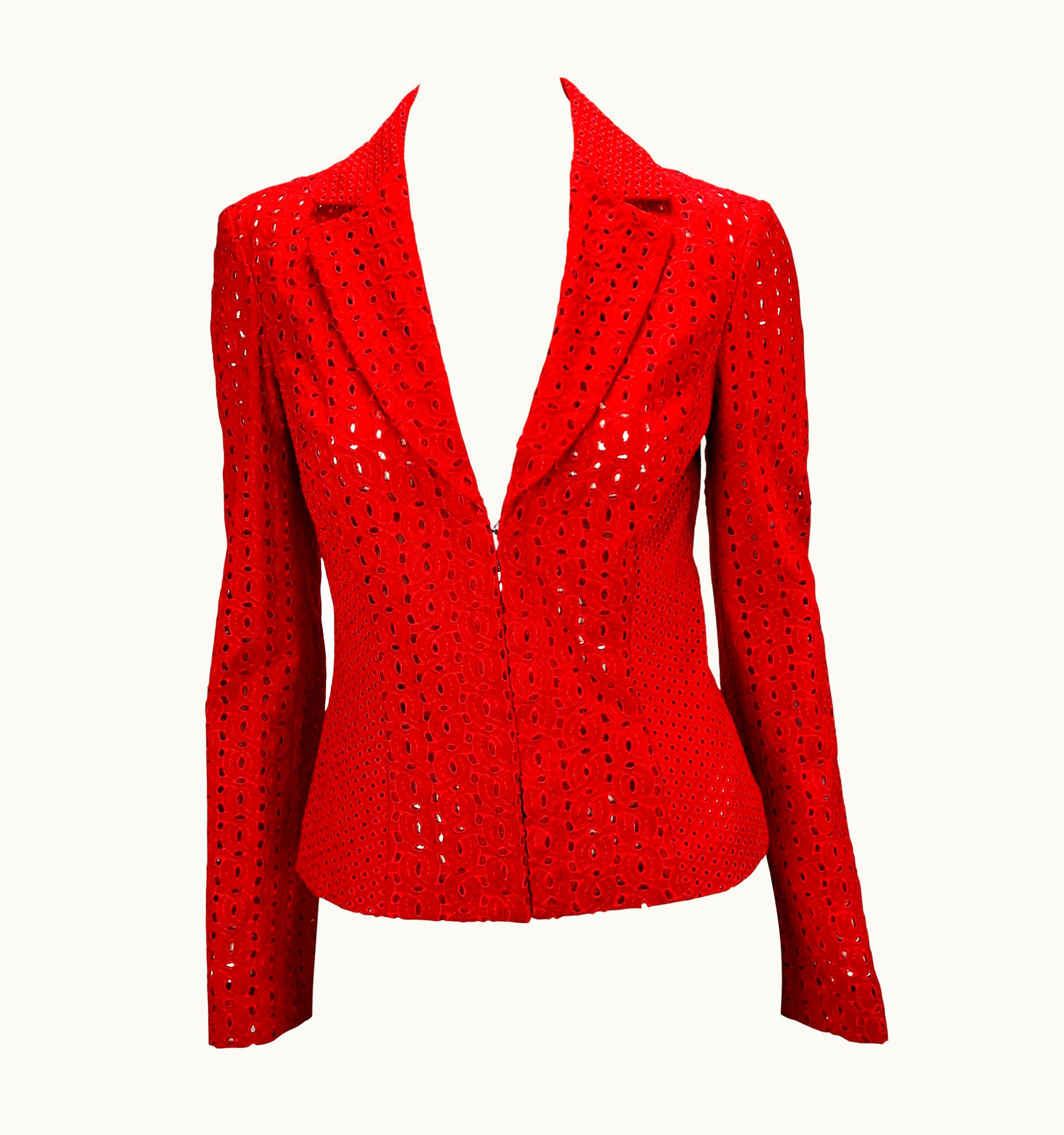 Gianni Versace Couture S/S 2002 Gianni Versace By Donatella Eyelet Cutout Red Sheer Blazer