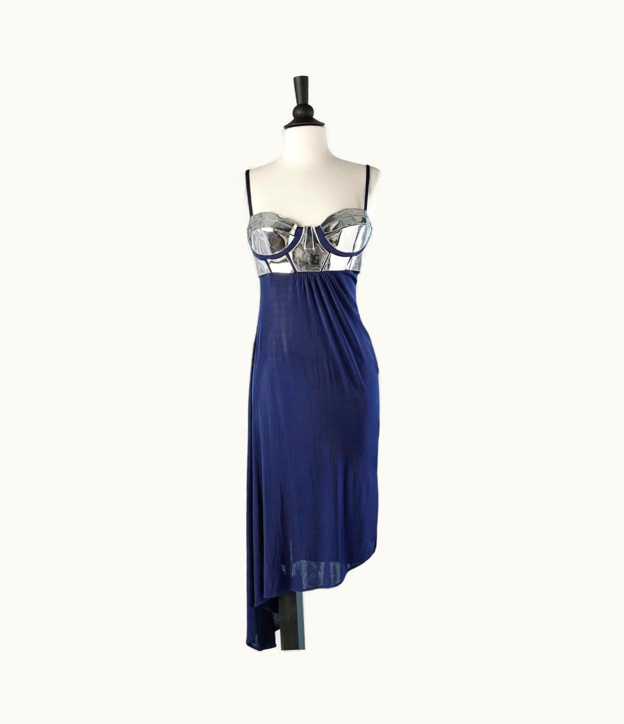 Versace Asymmetrical Cocktail Dress In Navy Blue Jersey And Silver Pvc Bra Versace Vjc