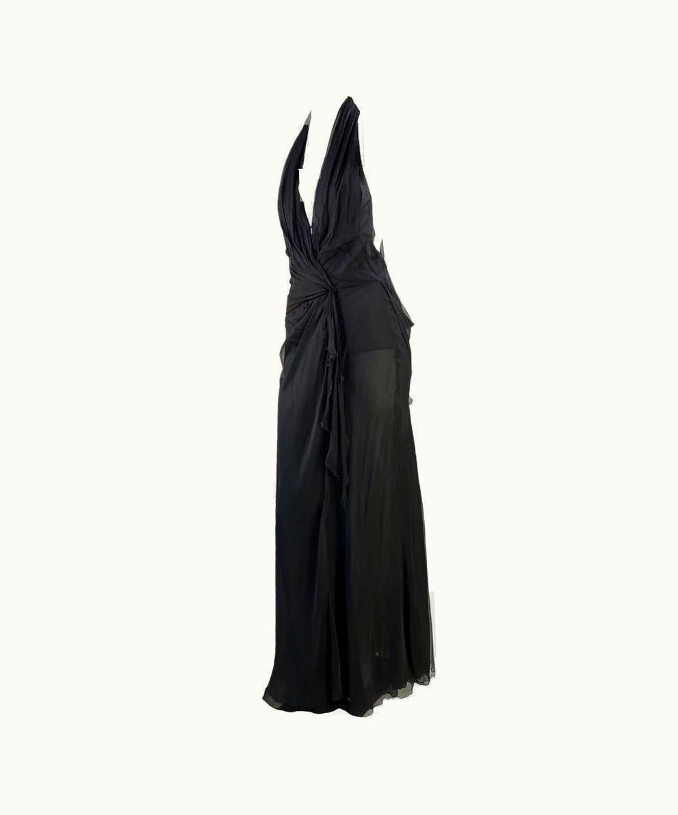 Gianni Versace Couture 2000s Gianni Versace By Donatella Halter Neck Bias Cut Sheer Black Chiffon Gown
