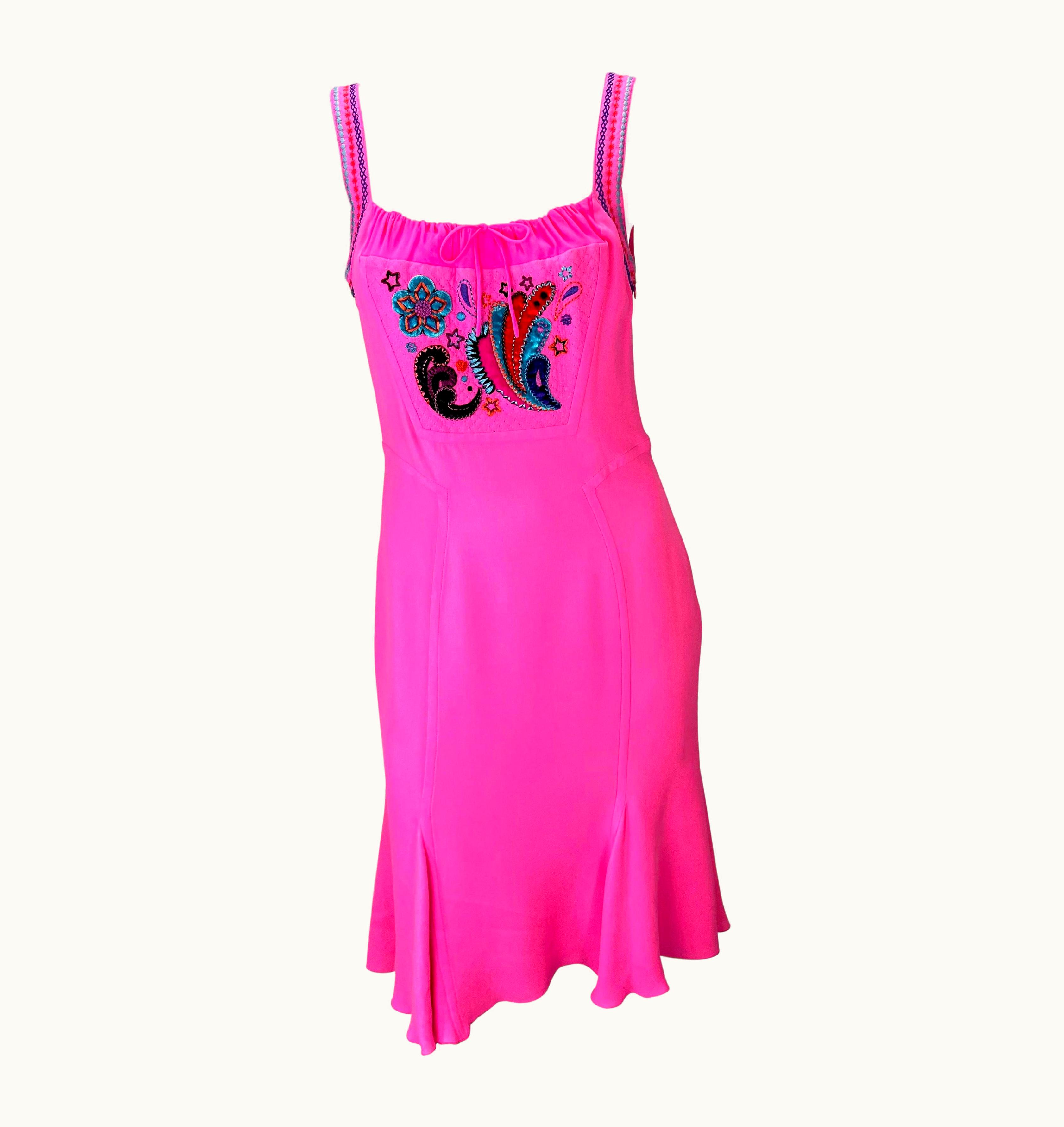 Gianni Versace Couture AW 2002 Gianni Versace By Donatella Runway Hot Pink Embroidered Babydoll Dress