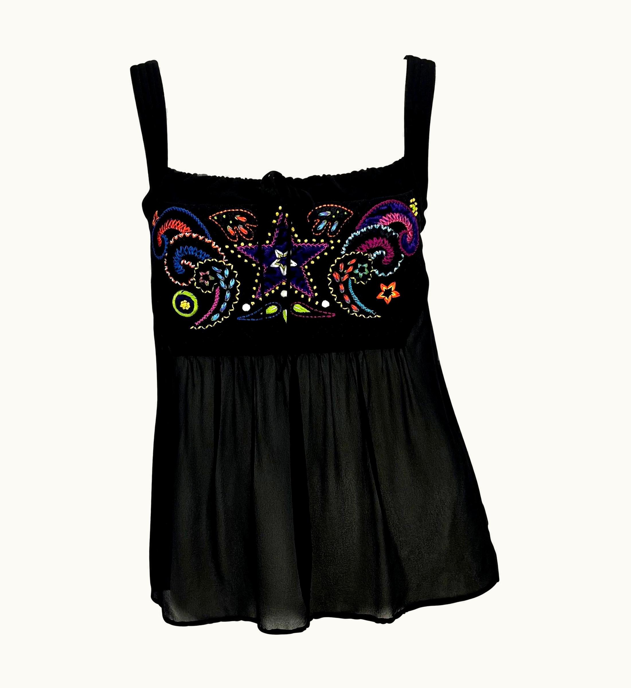 Gianni Versace Couture AW 2002 Gianni Versace By Donatella Black Sheer Embroidered Runway Tank Top