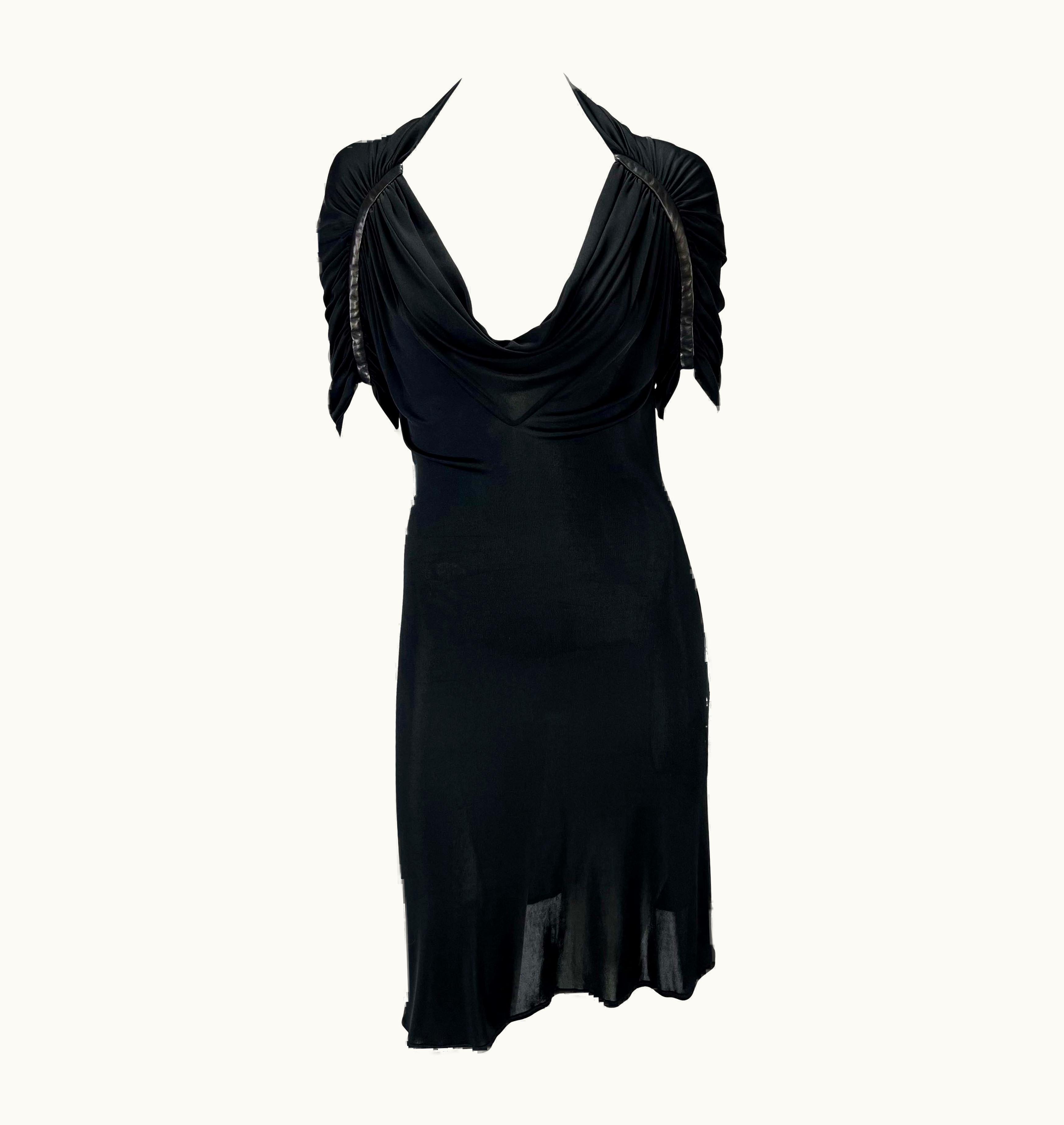 Gianni Versace Couture S/S 2001 Gianni Versace By Donatella Black Viscose Leather Trim Ruched Dress