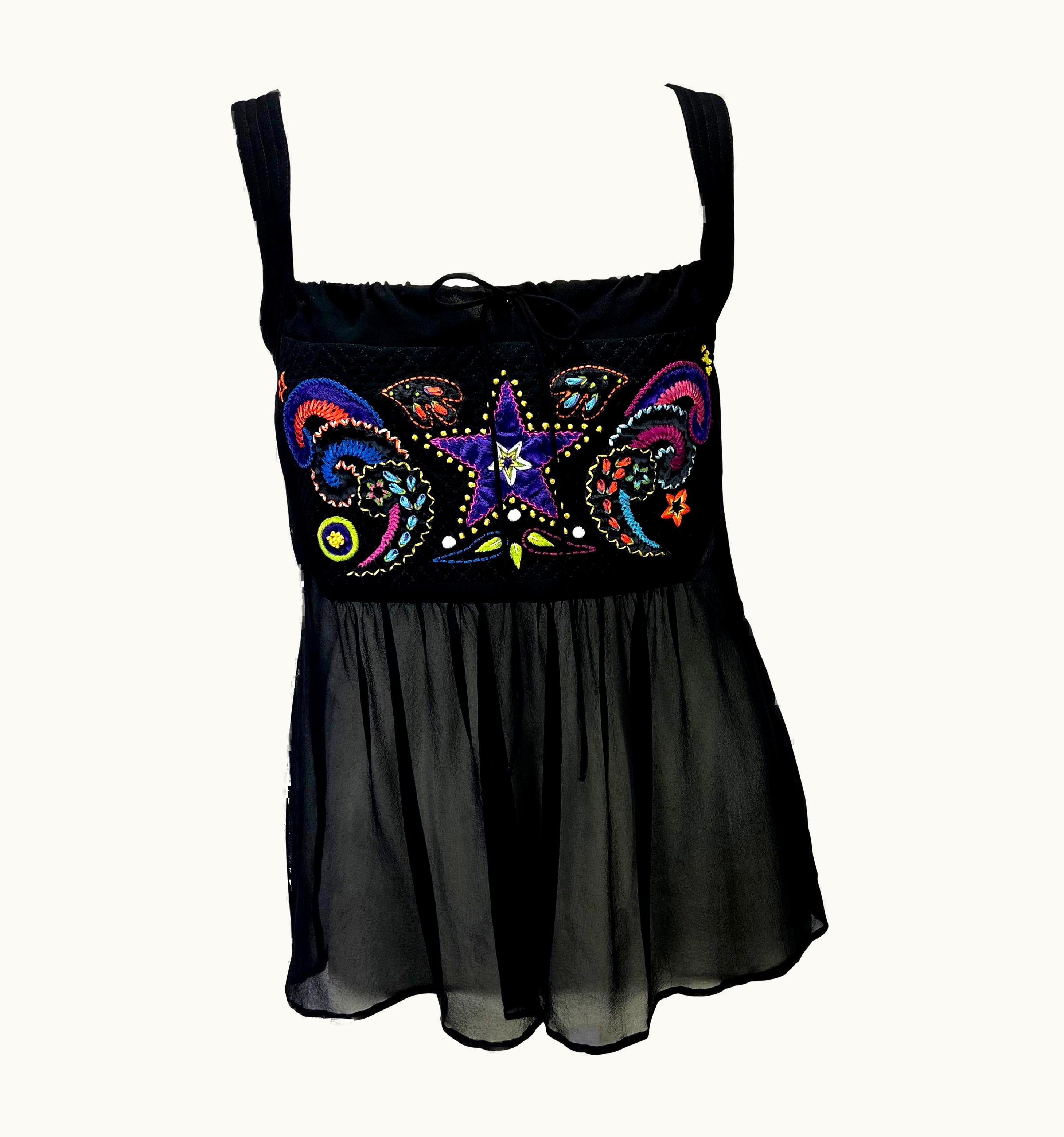 Gianni Versace Couture AW 2002 Gianni Versace By Donatella Black Sheer Embroidered Babydoll Tank Top