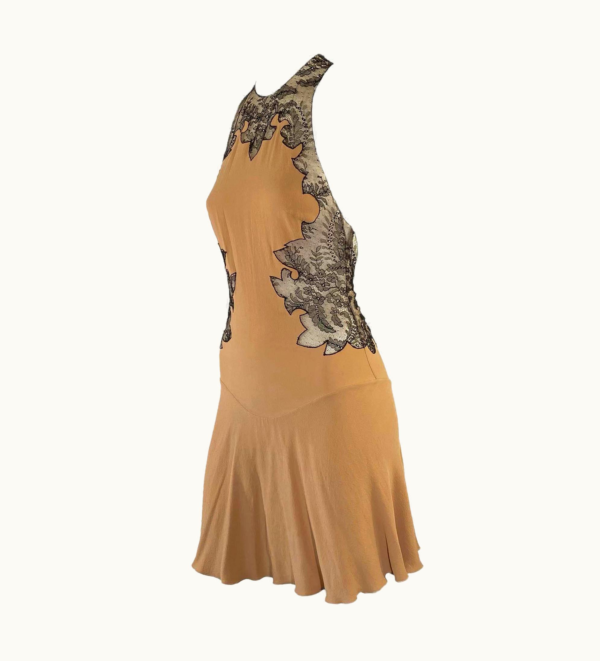 Gianni Versace Couture AW 2002 Gianni Versace By Donatella Sheer Black Lace Backless Camel Mini Dress