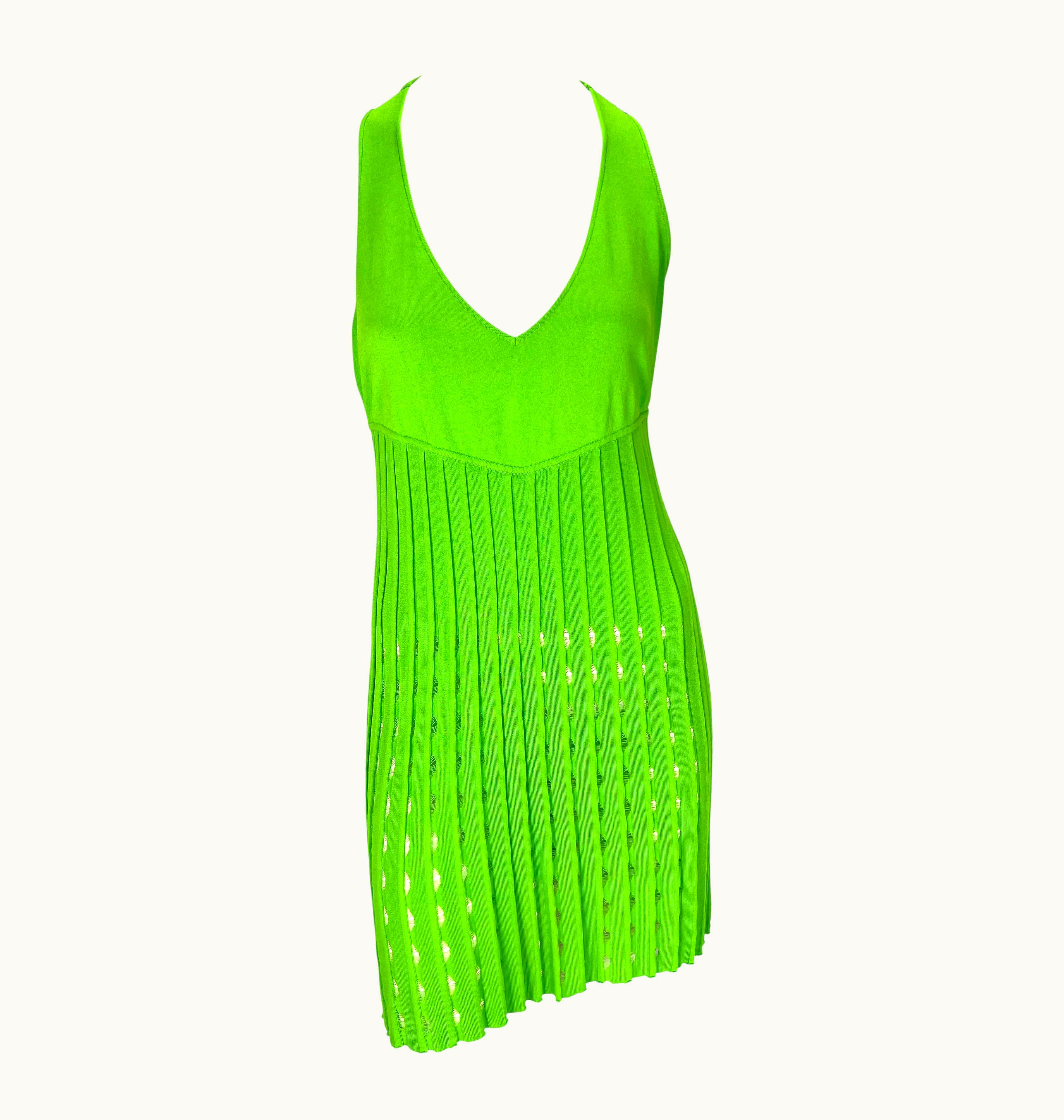 Gianni Versace Couture S/S 2003 Gianni Versace By Donatella Neon Green Stretch Knit Eyelet Mini Dress
