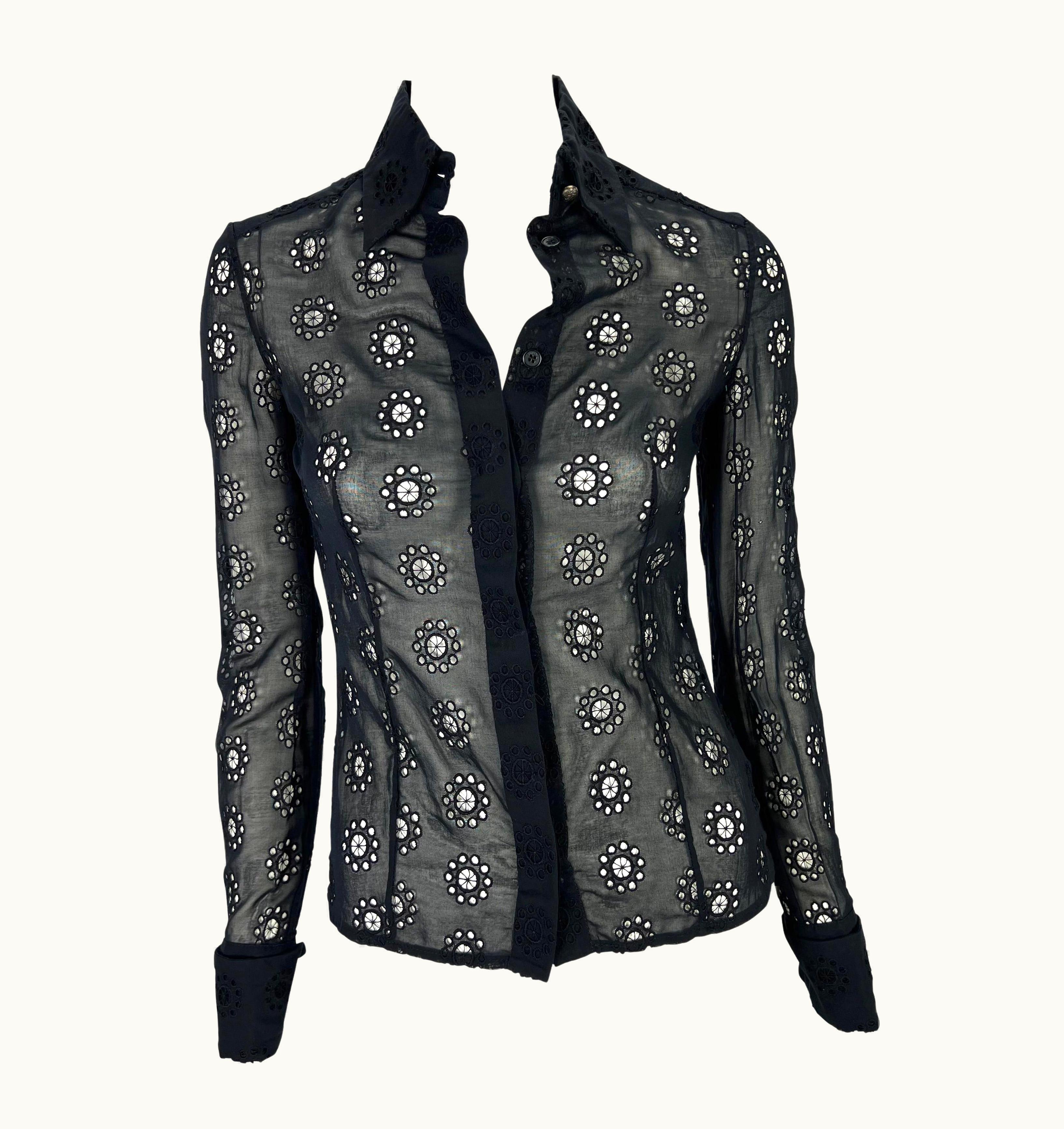 Gianni Versace Couture S/S 2002 Gianni Versace By Donatella Sheer Eyelet French Cuff Button Up Top
