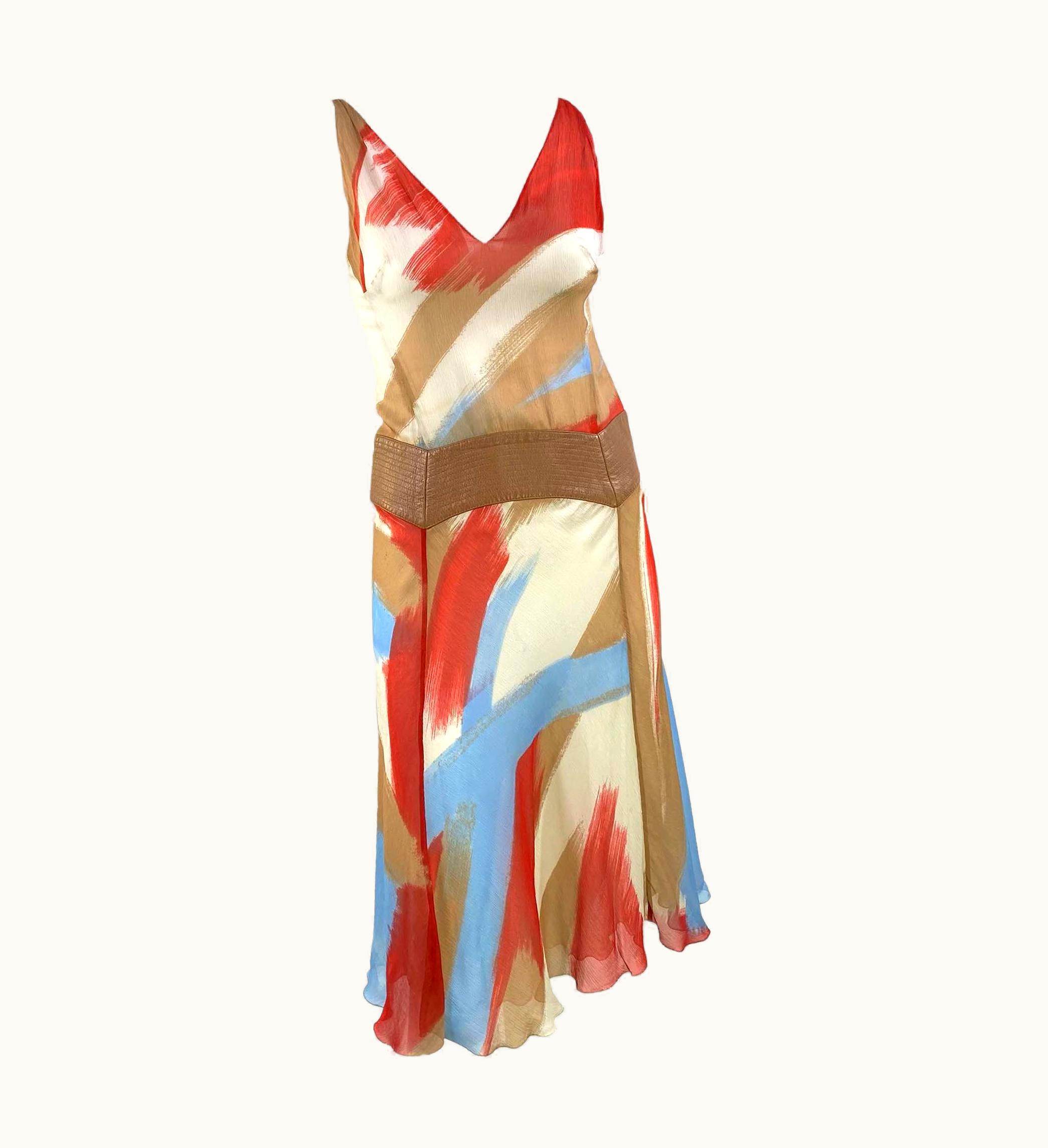 Gianni Versace Couture AW 2001 Gianni Versace By Donatella Leather Trimmed Watercolor Chiffon Dress