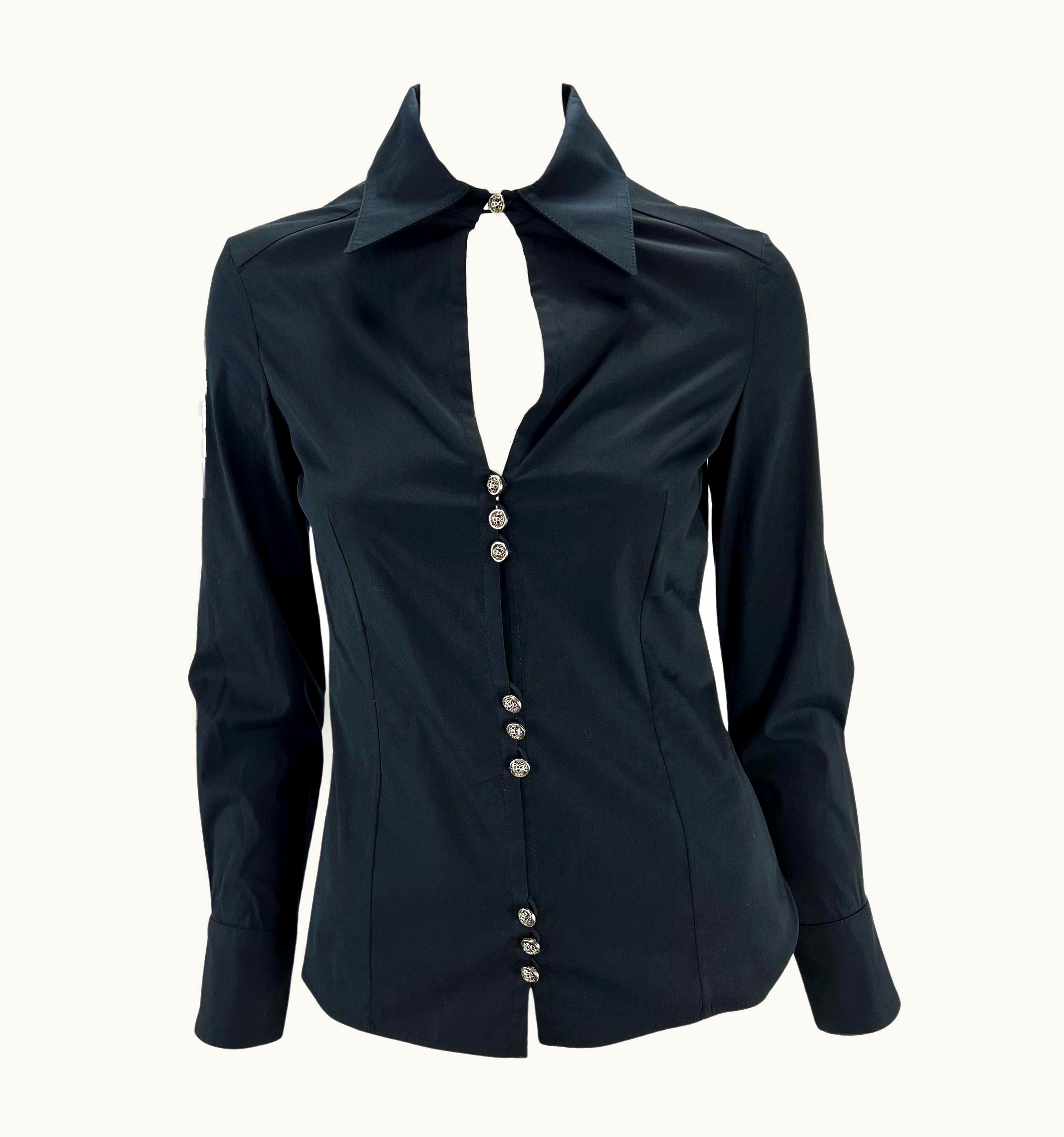 Gianni Versace Couture AW 2002 Gianni Versace By Donatella Black Stretch Cotton Plunging Button Up Top