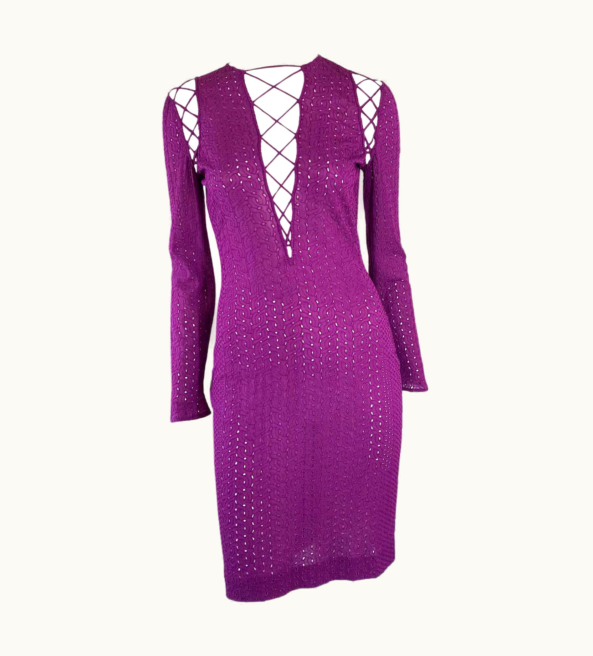 Gianni Versace Couture S/S 2002 Gianni Versace By Donatella Purple Lace-Up Eyelet Dress