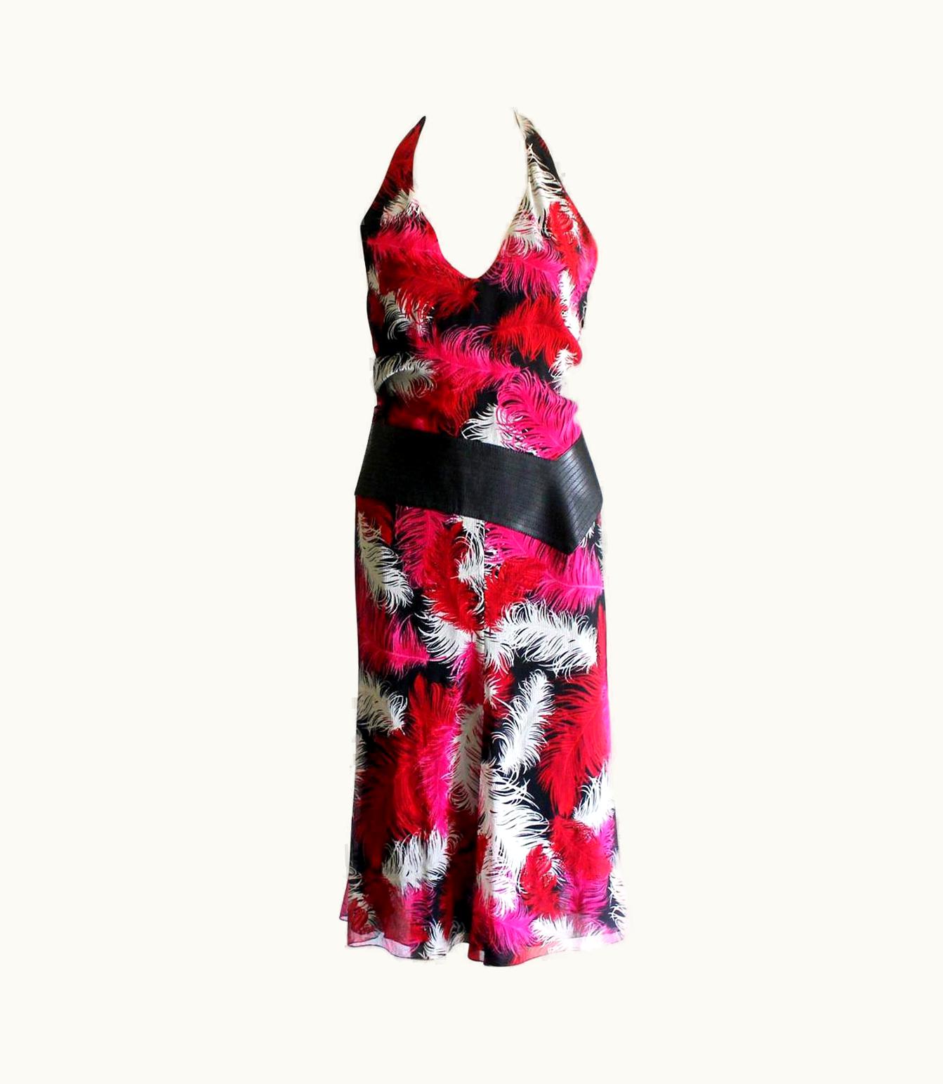 Gianni Versace Couture Stunning Gianni Versace Couture Neckholder Feather Print Silk Leather Dress 2001