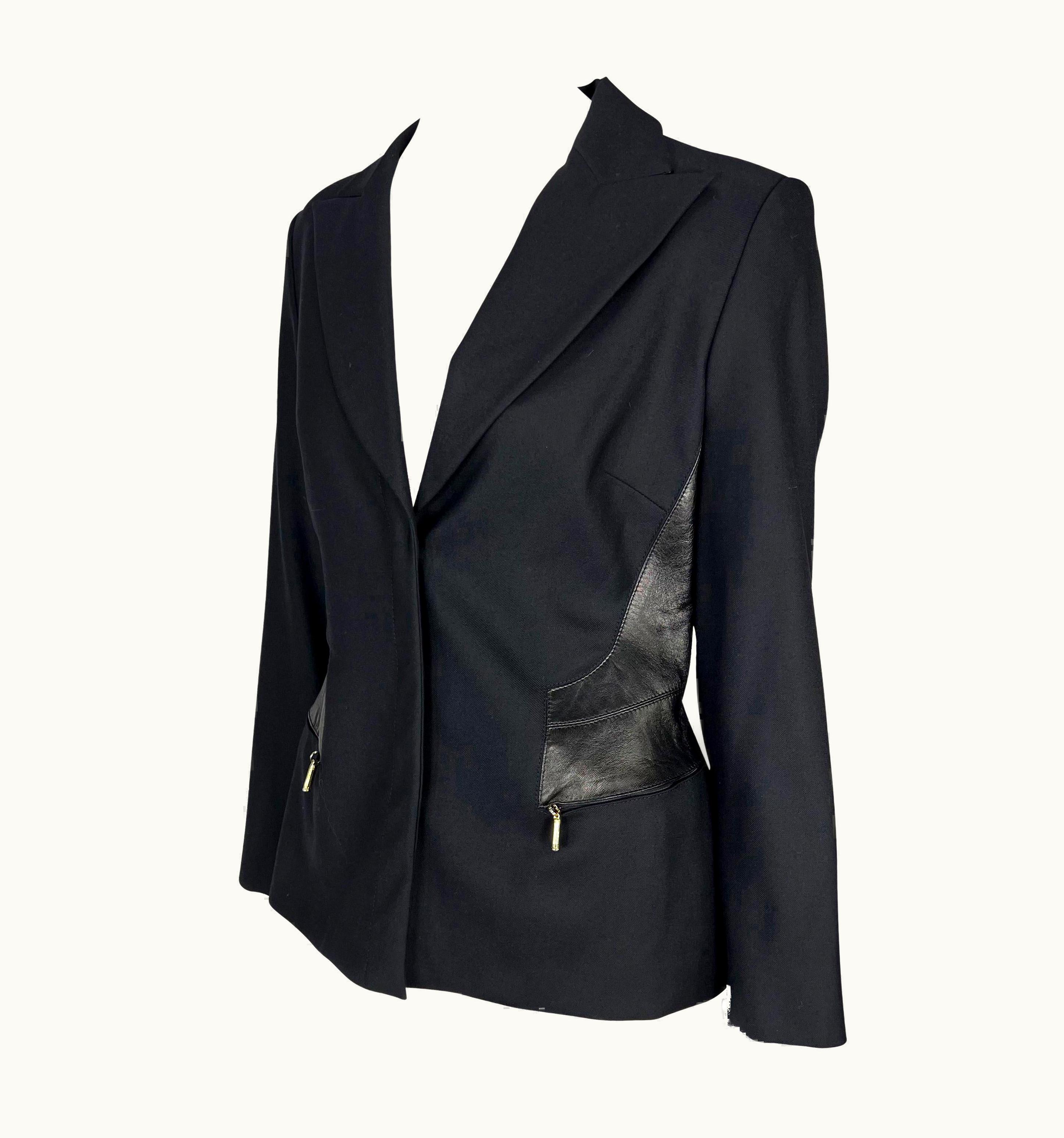 Gianni Versace Couture AW 2001 Gianni Versace By Donatella Black Wool Leather Panel Blazer Jacket