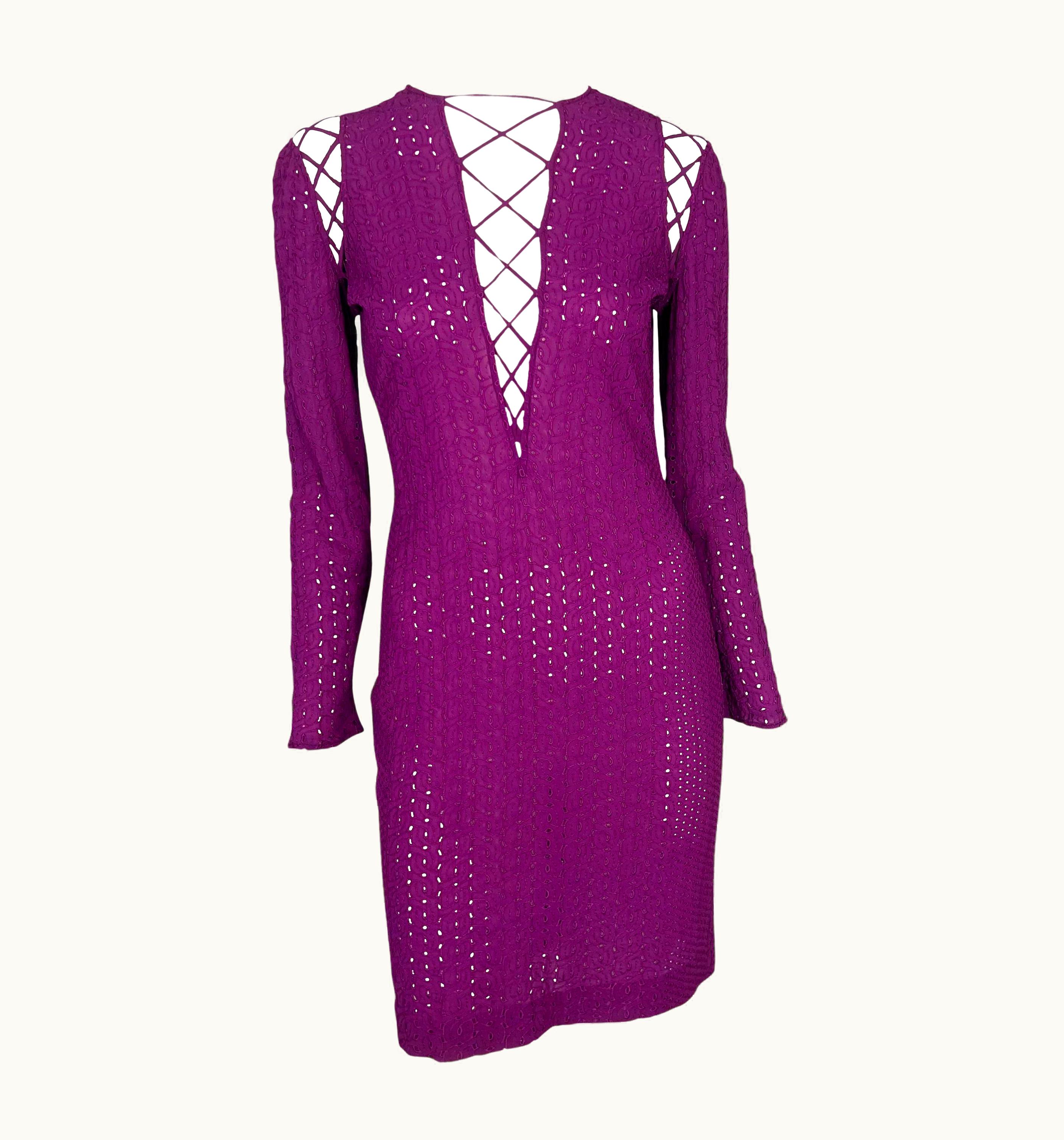 Gianni Versace Couture S/S 2002 Gianni Versace By Donatella Runway Purple Lace-Up Eyelet Dress