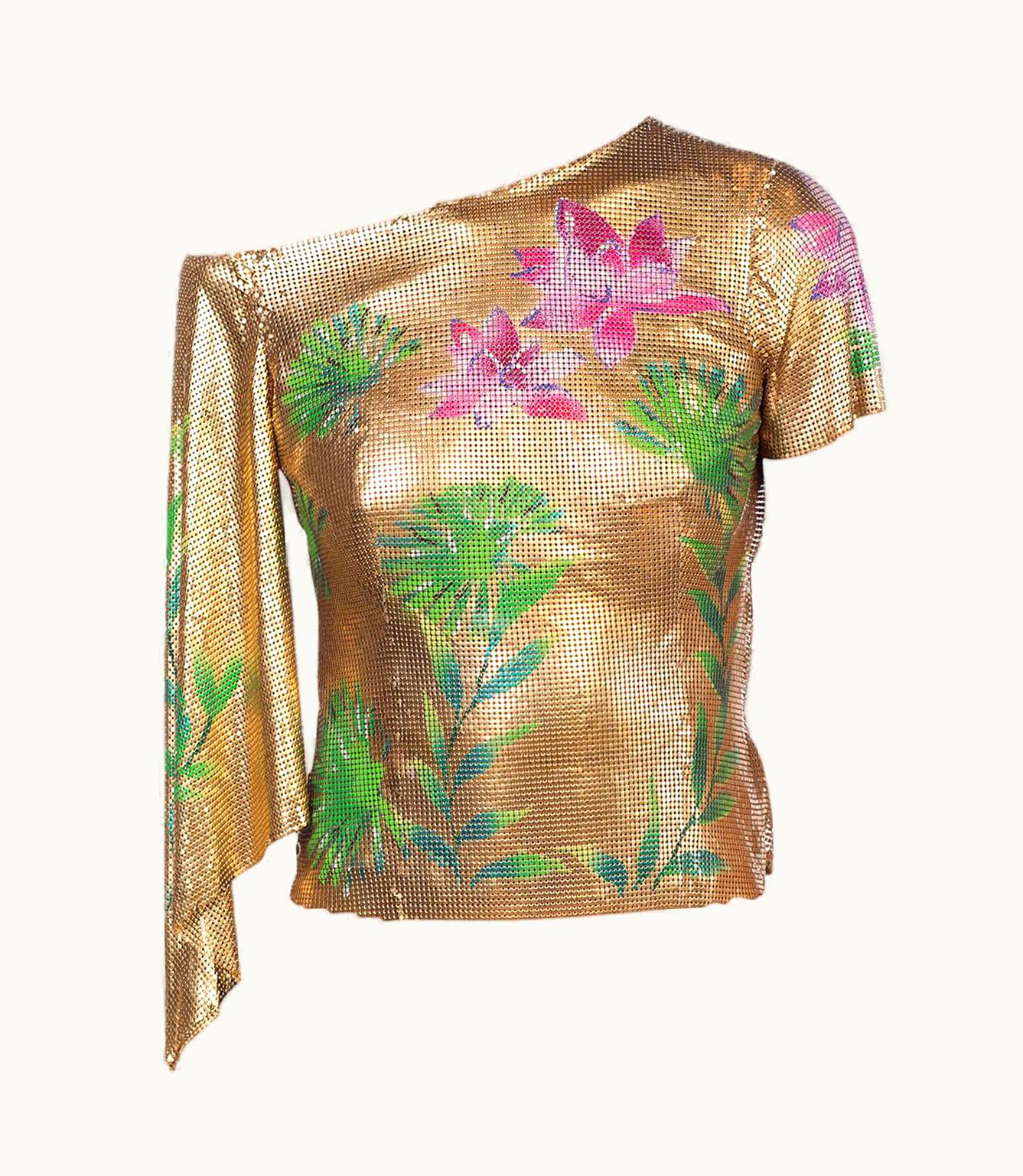 Gianni Versace Couture 2000s Gianni Versace Jlo Collection Tropical Gold Metal Mesh One Sleeve Top