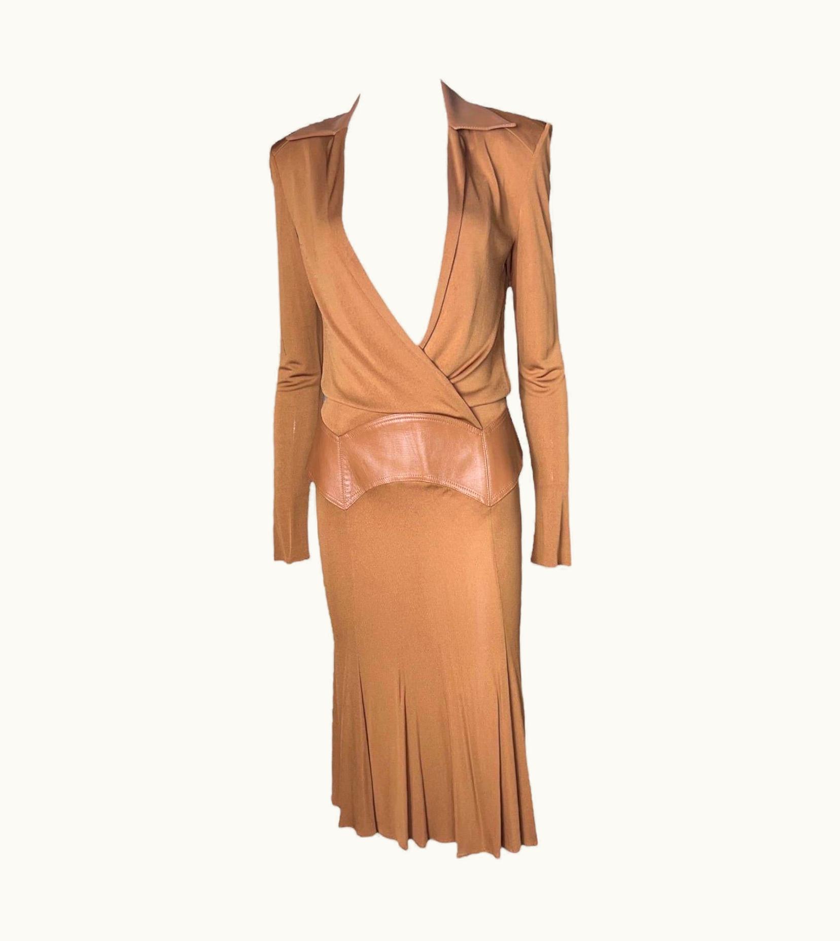 Gianni Versace Couture Unworn Gianni Versace Couture 2001 Rare Cognac Brown Leather Evening Dress