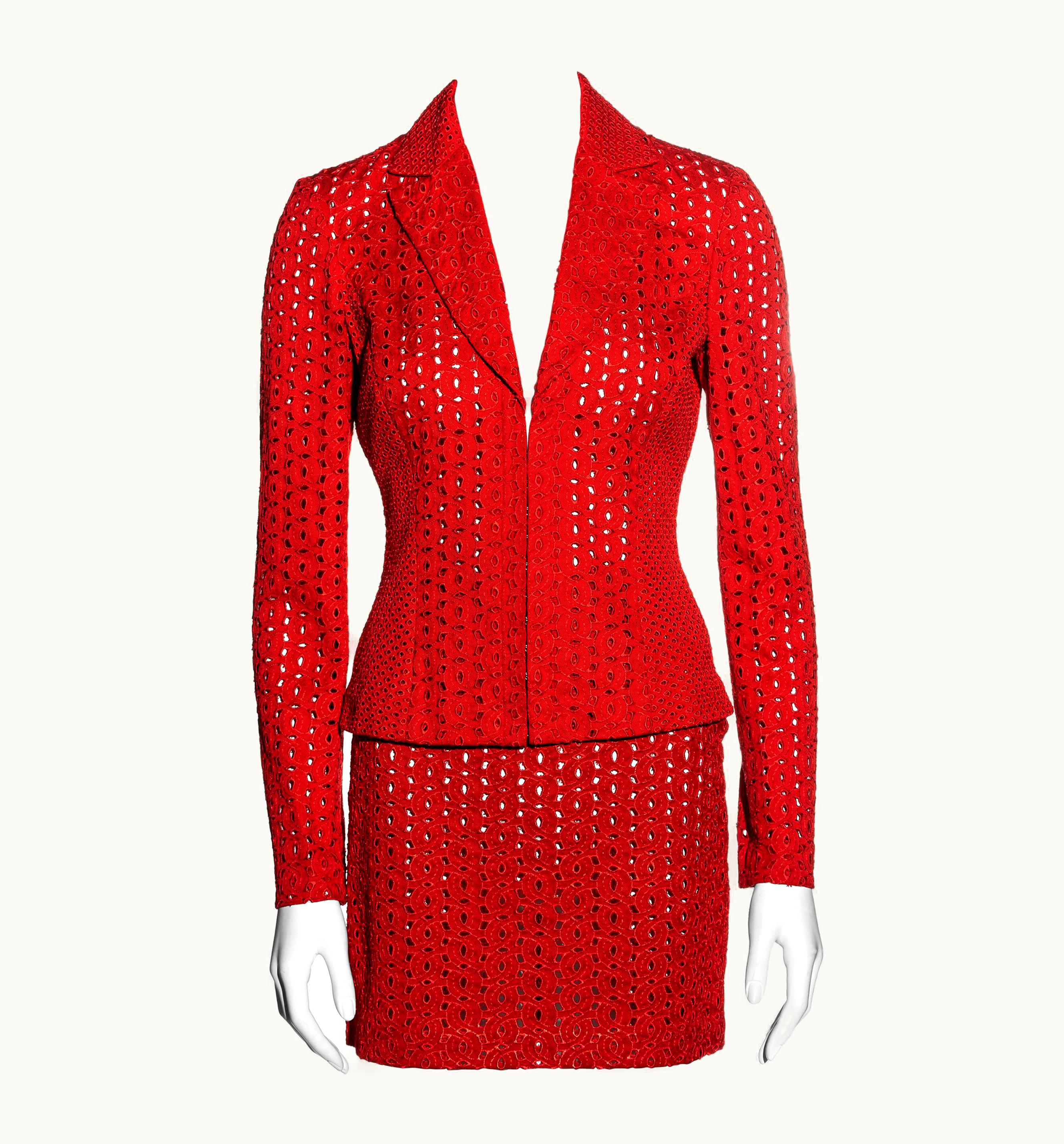 Gianni Versace Couture Gianni Versace Red Cotton Cutwork Mini Skirt Suit, S/S 2002