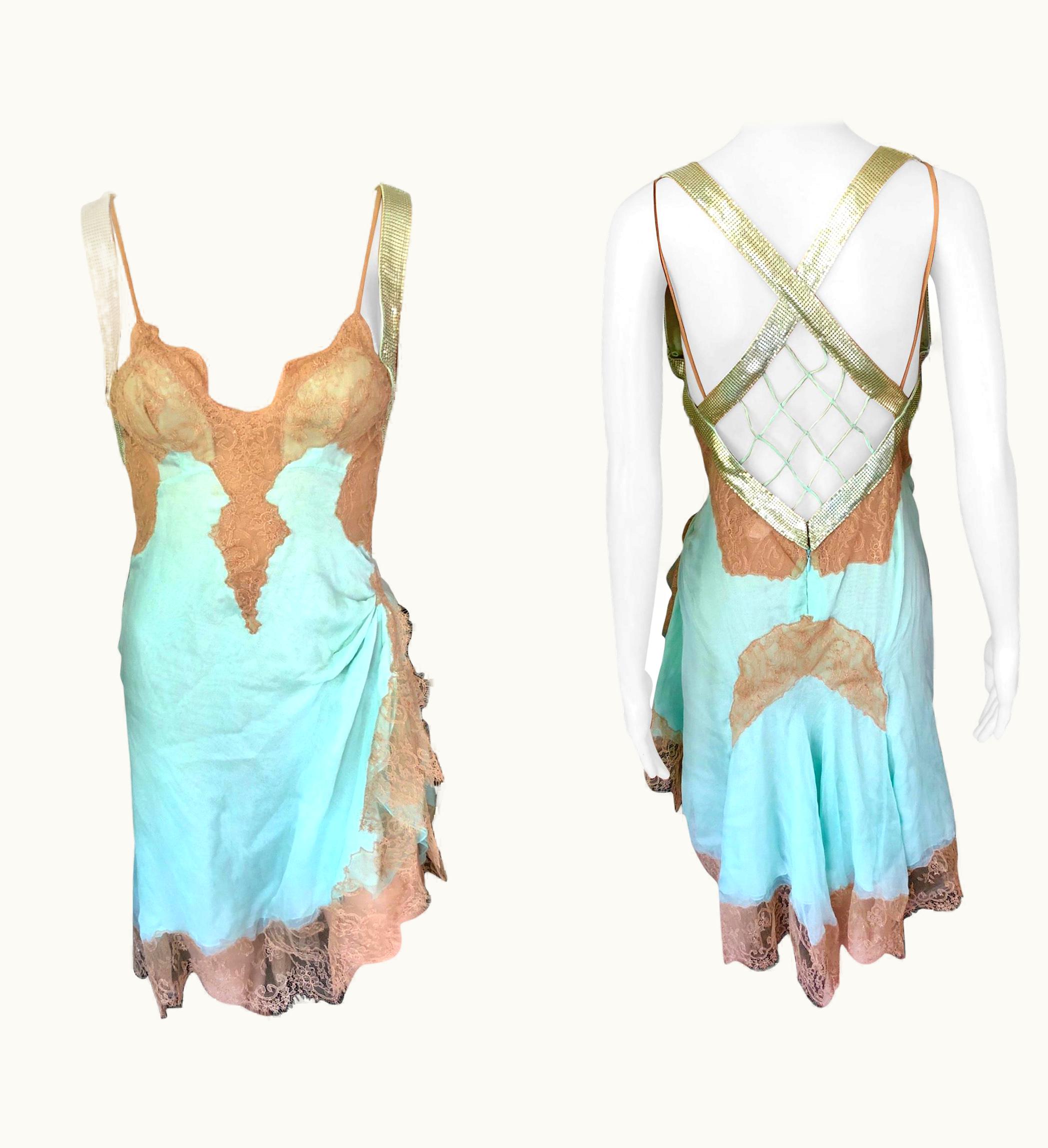 Gianni Versace Couture Gianni Versace S/S 2003 Runway Sheer Lace Oroton Metal Mesh Embellished Dress