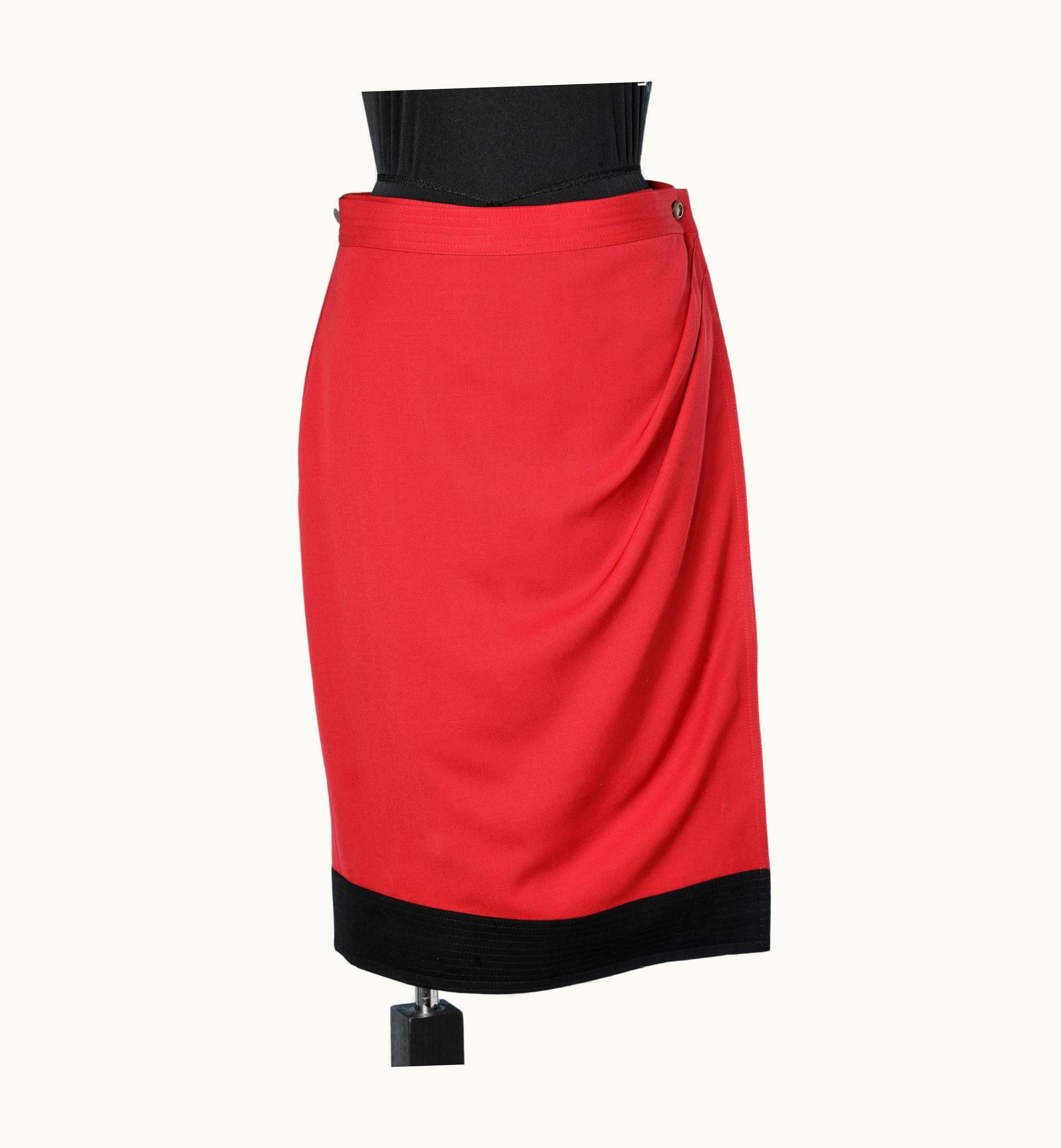 Gianni Versace Couture Wrap Skirt In Red Wool And Black Strip In The Bottom Edge Gianni Versace