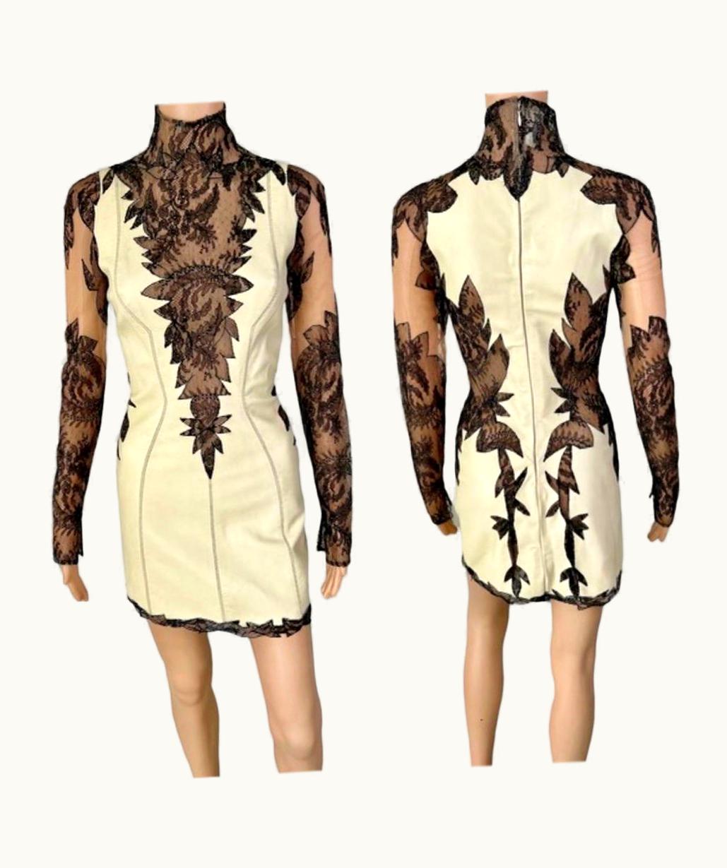 Gianni Versace Couture Gianni Versace S/S 2002 Plunging Leather And Sheer Lace Panels Cutout Mini Dress